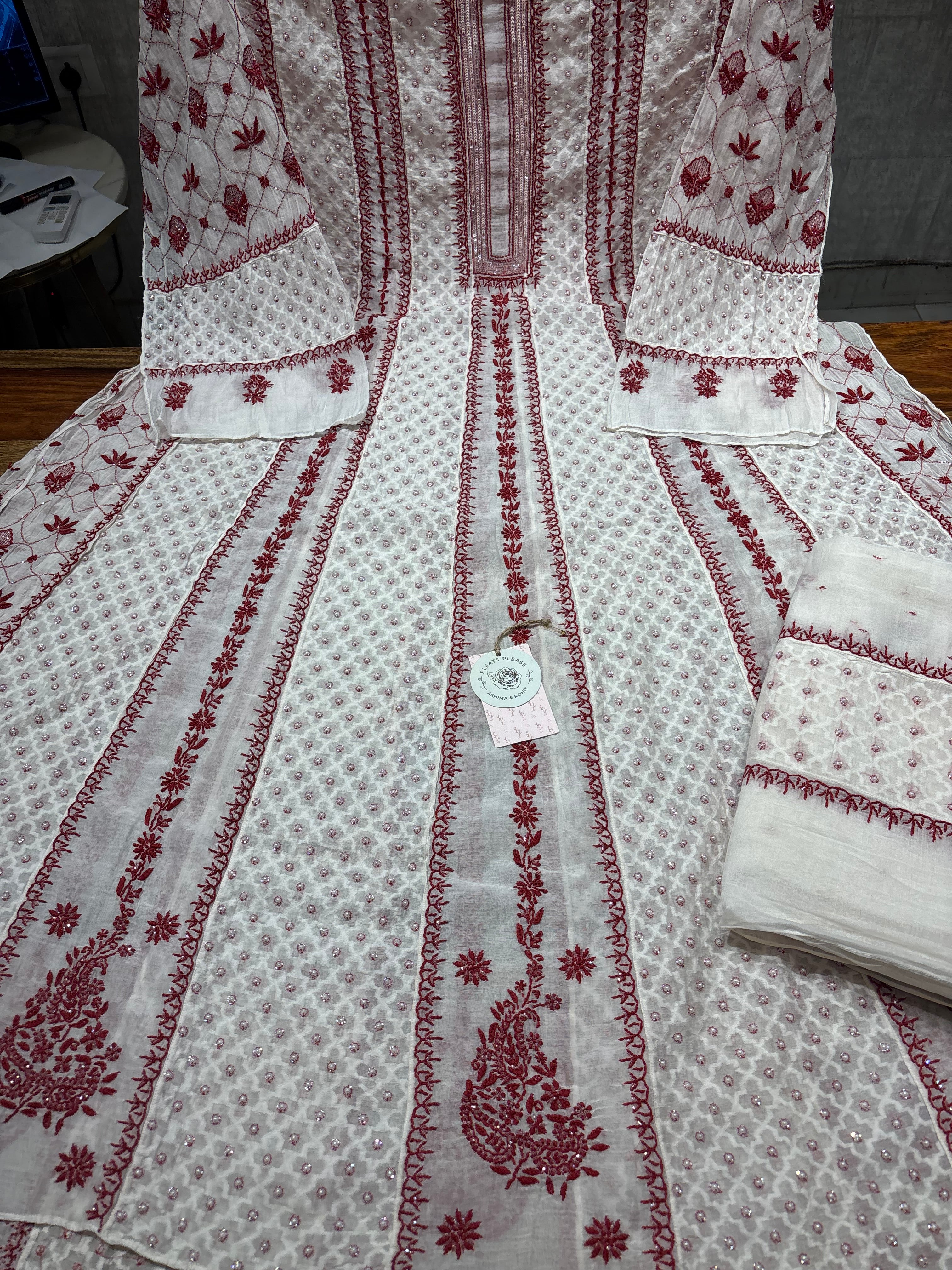 Dyeable chanderi Mul Chikankari Anarkali and Dupatta Set