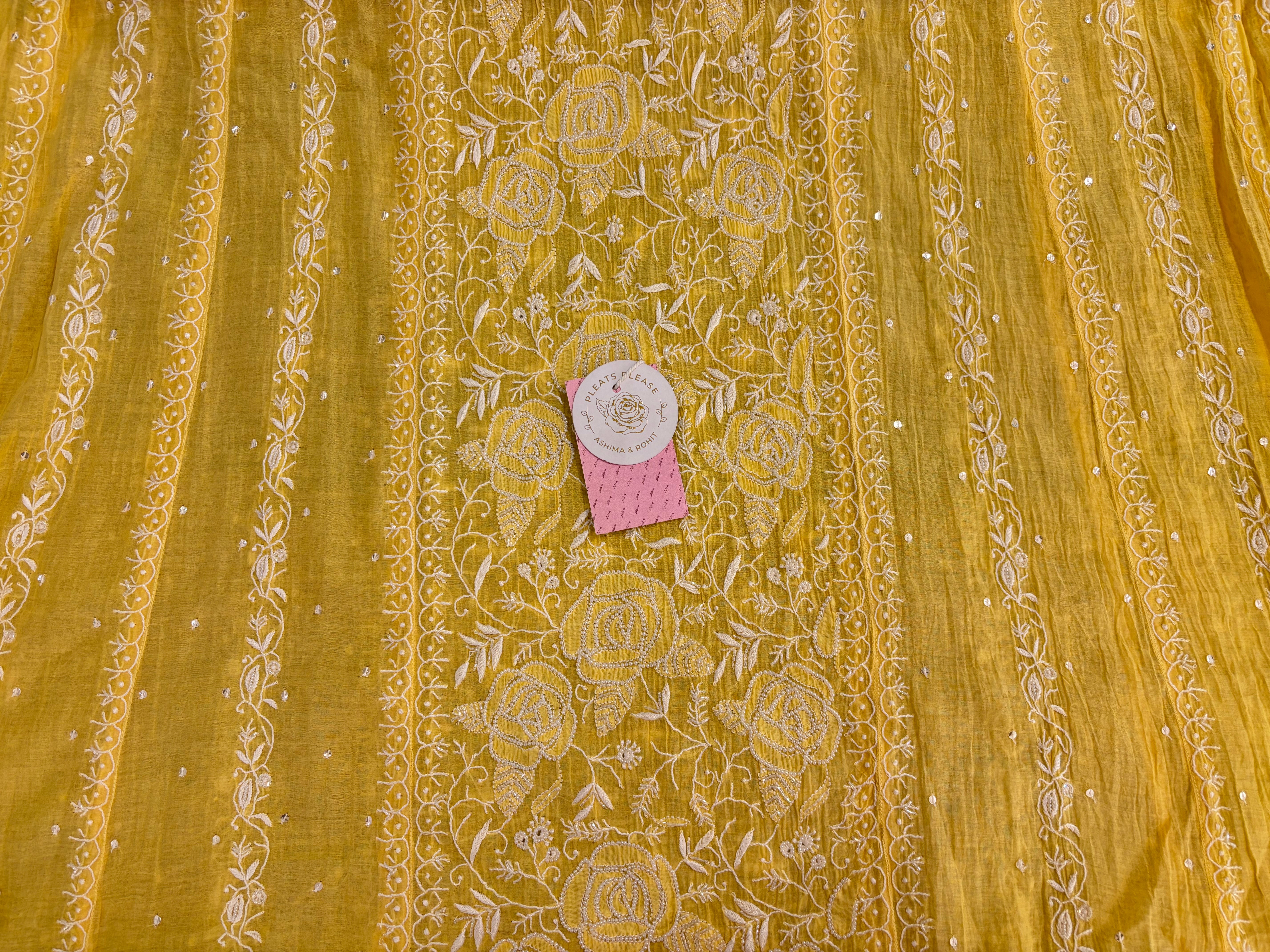 Yellow Chanderi Mul Chikankari Anarkali & Dupatta Set - Pleats PleaseChikankari