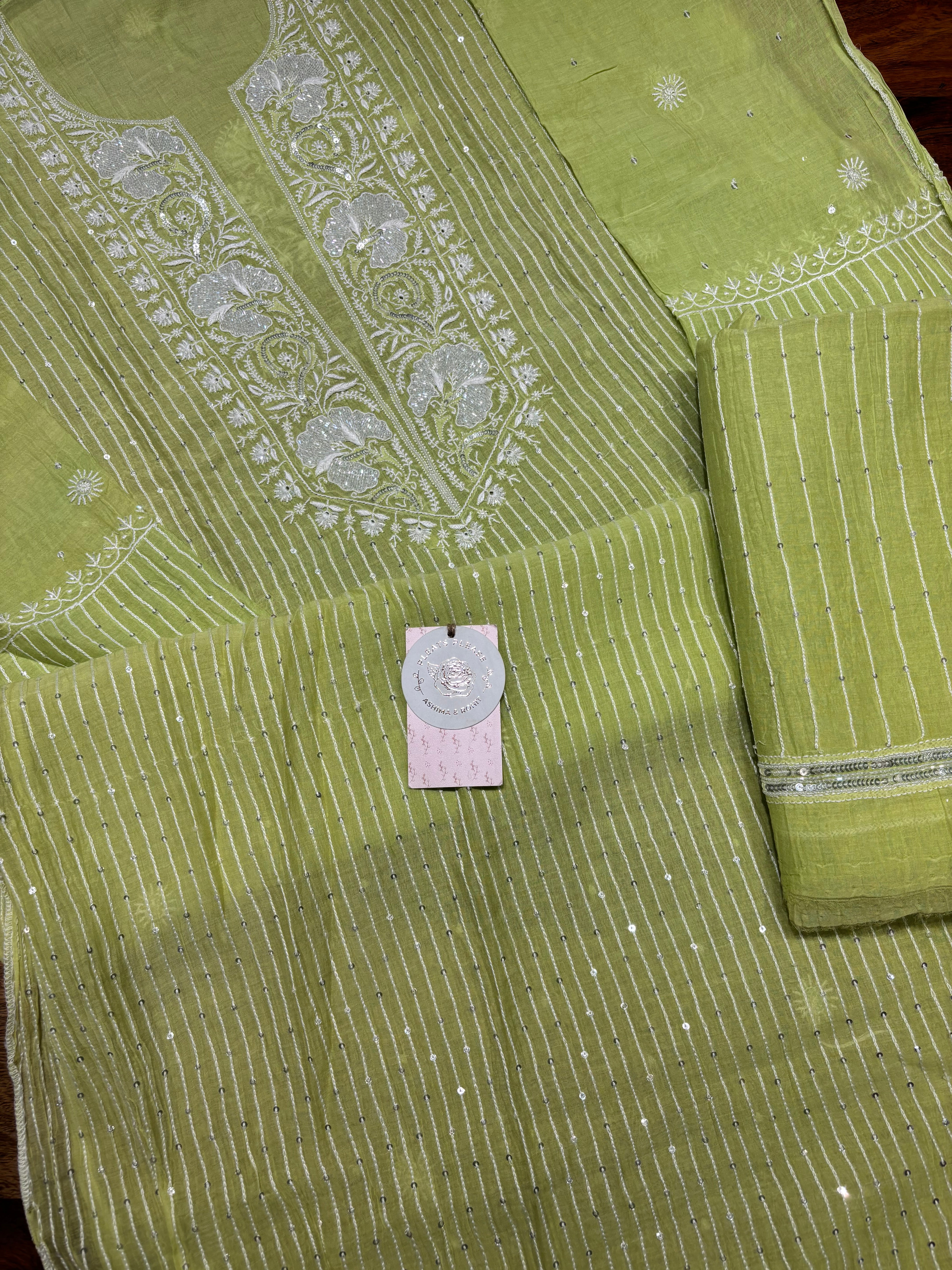 Green Chanderi Mul Chikankari Kurta and Dupatta set