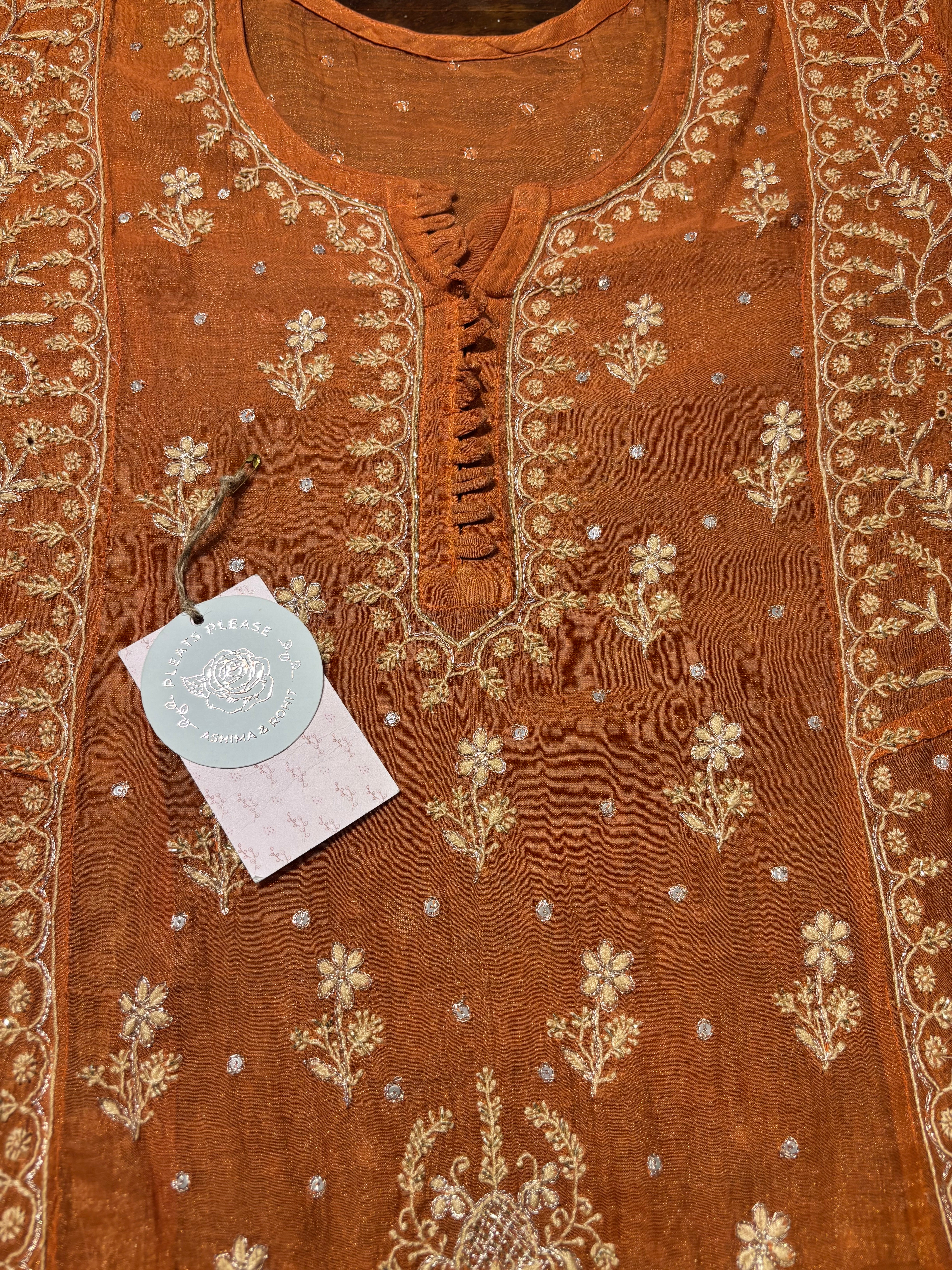 Burnt Orange Pure And Premium Tissue Chikankari Anarkali, Dupatta And Bottom