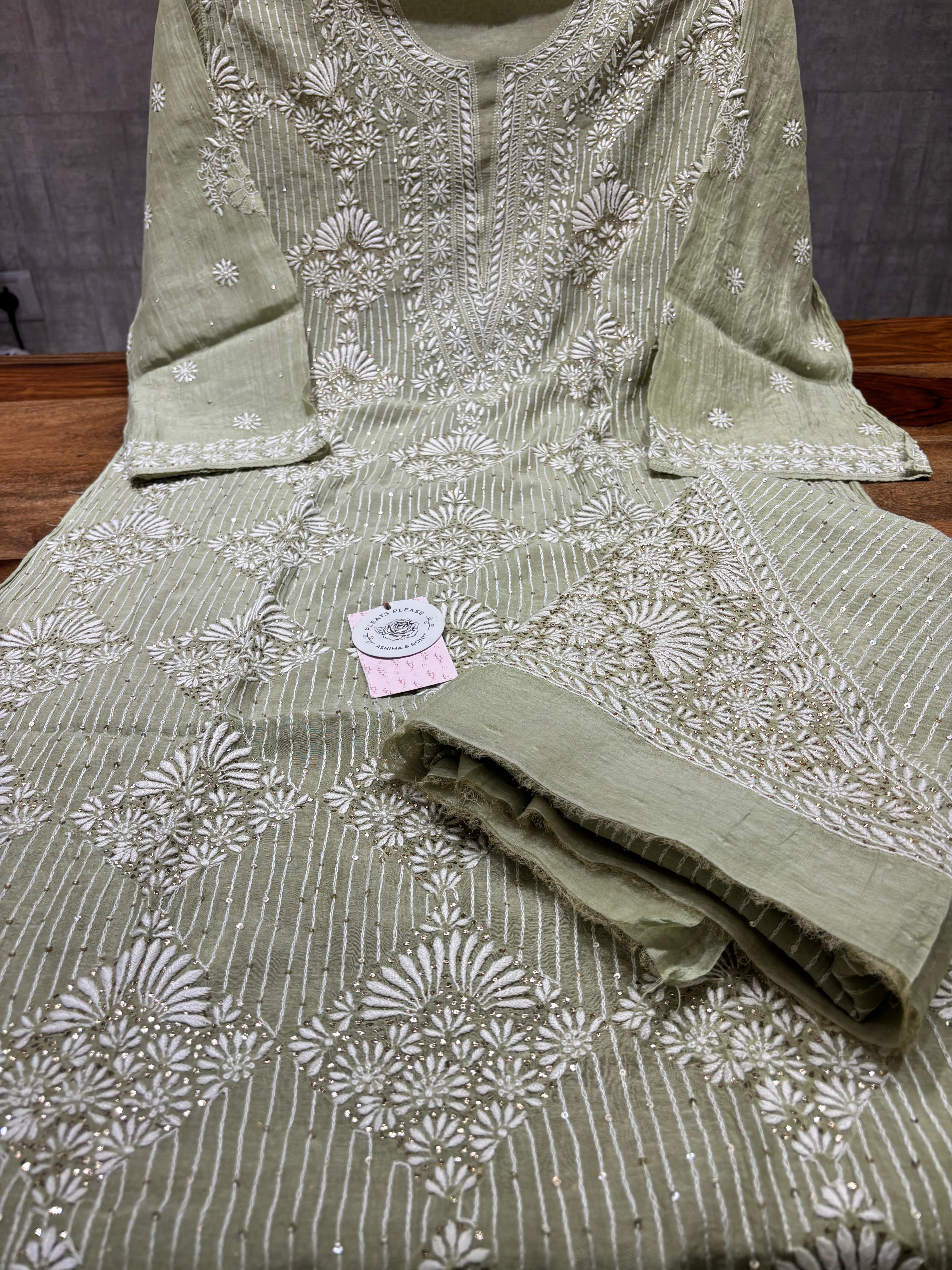 Green Chanderi Mul Chikankari & Mukaish Kurta & Dupatta Set