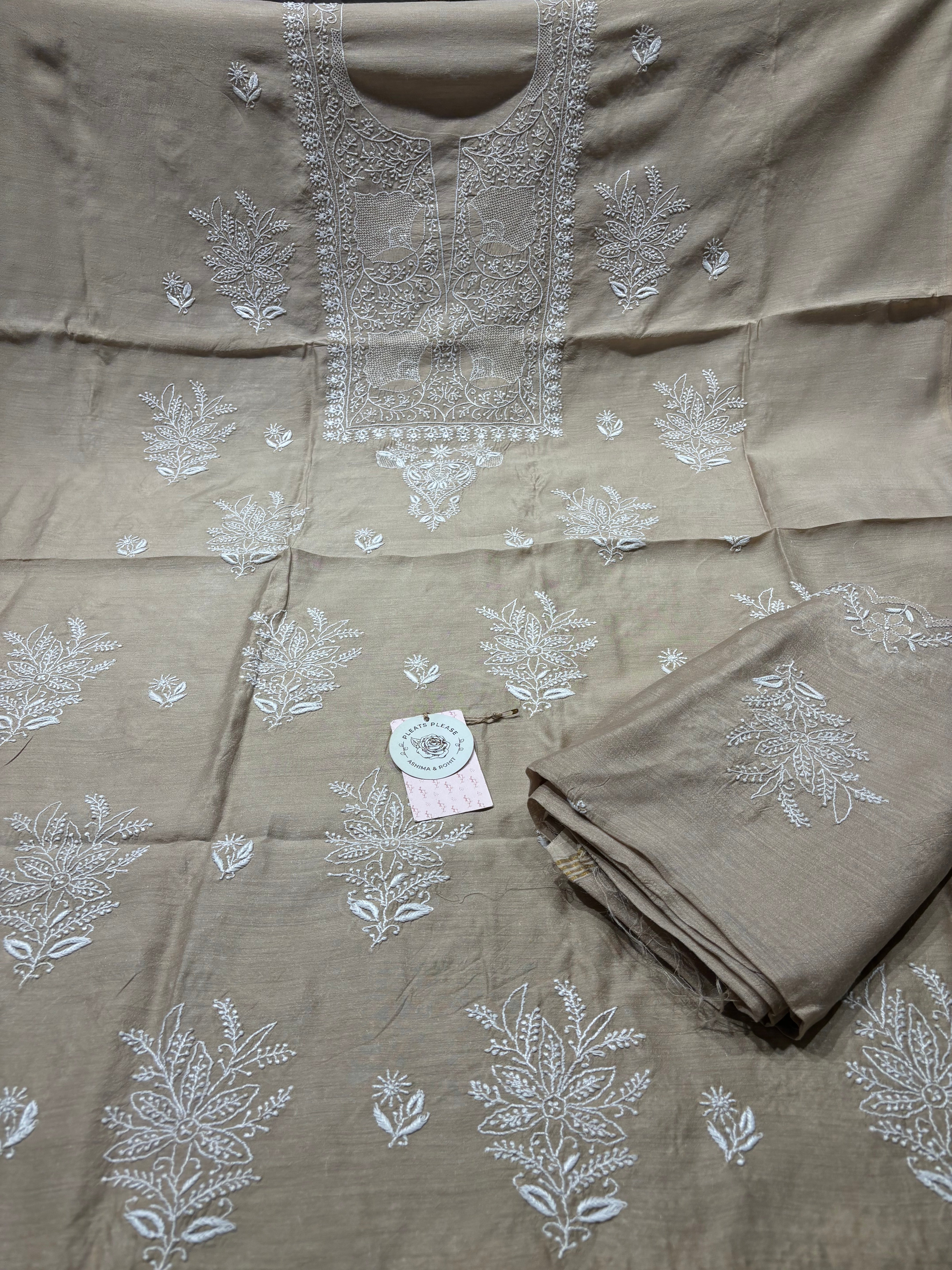 Champagne Beige Monga Silk Chikankari Kurta And Dupatta Fabric