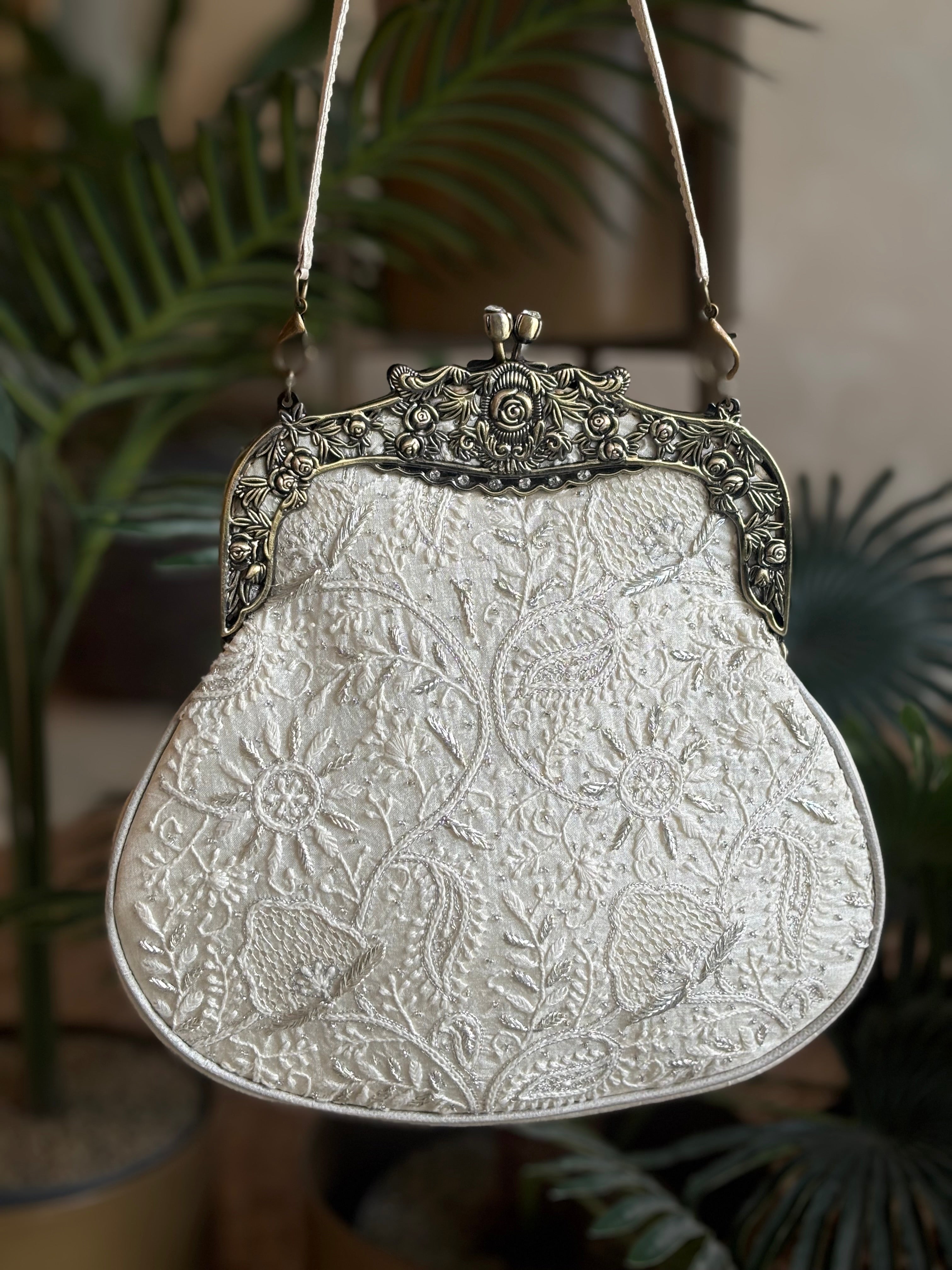 Silver Silk Chikankari Clutch