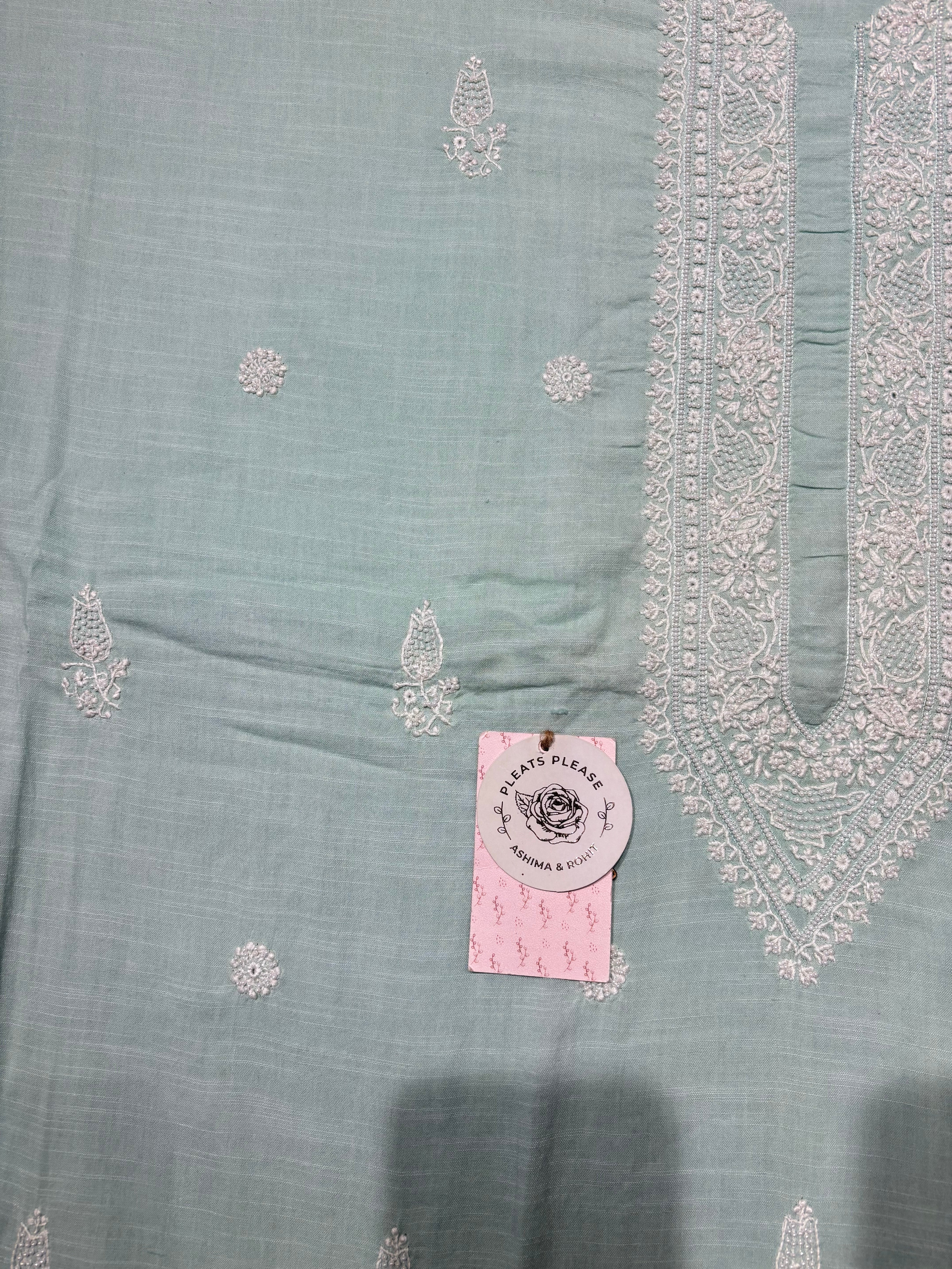 Cadet Blue Linen Chikankari Men's Kurta Fabric