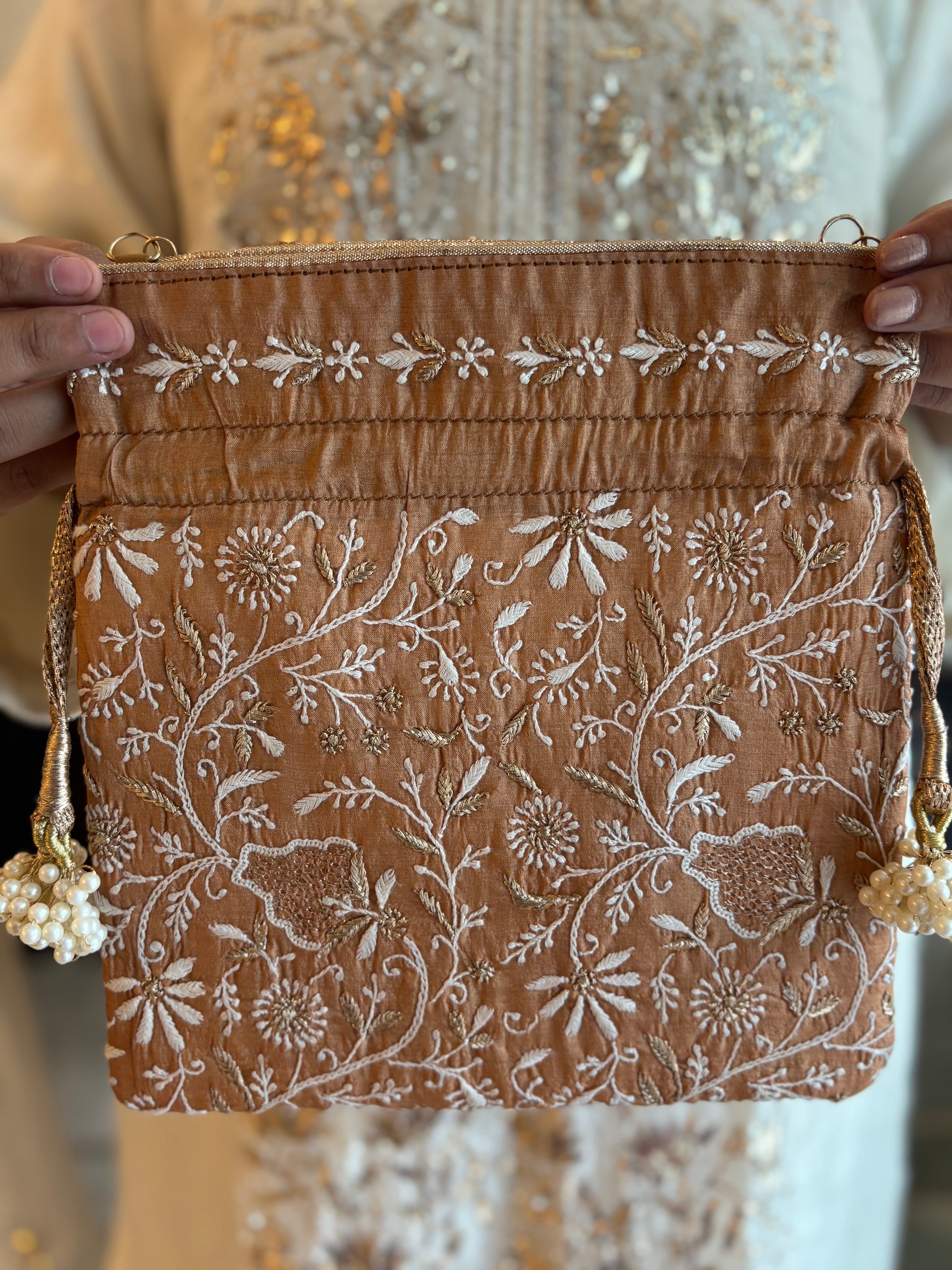 Chocolate Brown Silk Chikankari Potli