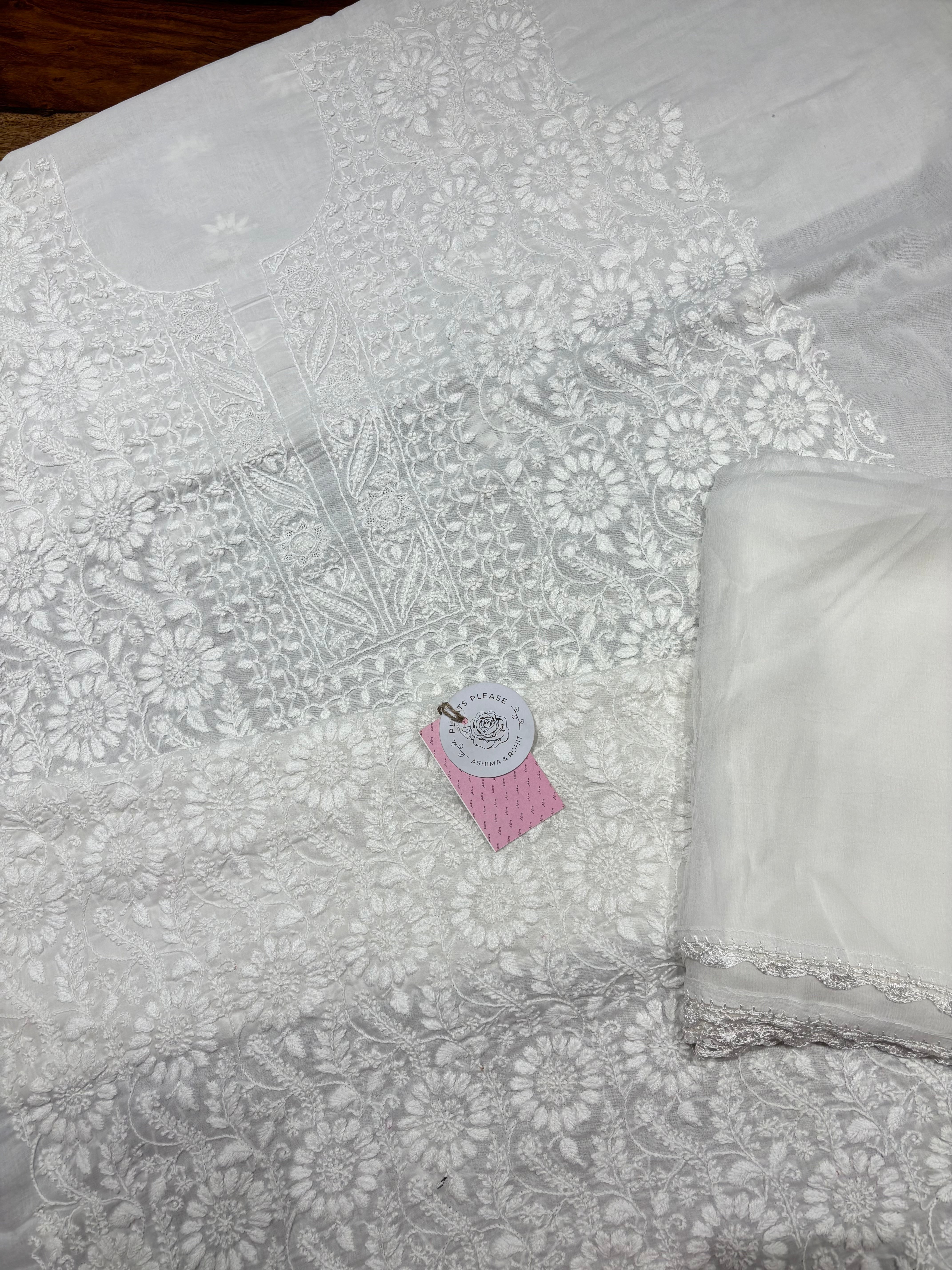 Dyeable Mulmul Chikankari Kurta, Dupatta & Bottom Fabric