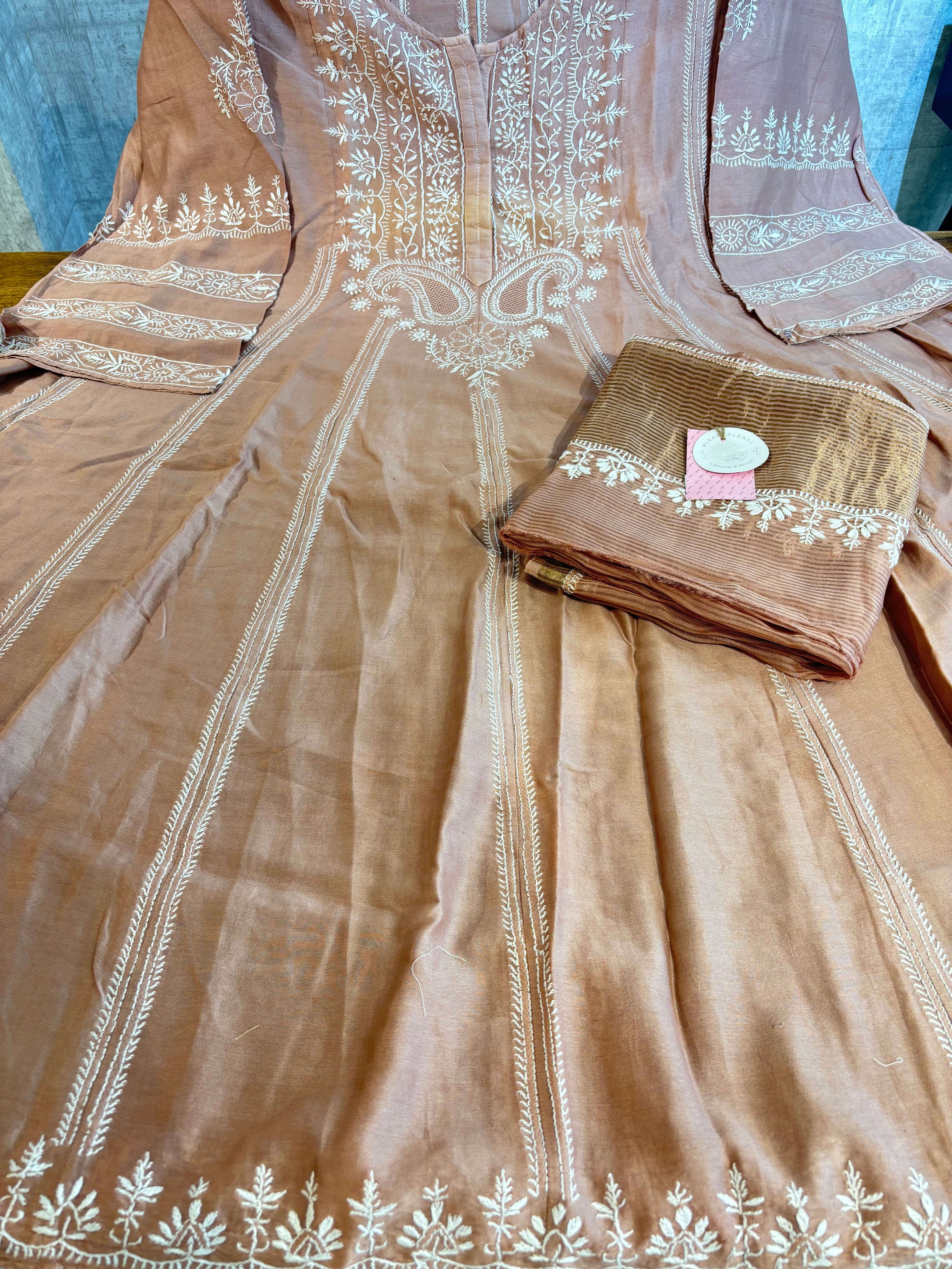 Dusty Peach Chanderi Chikankari Anarkali & Dupatta Set