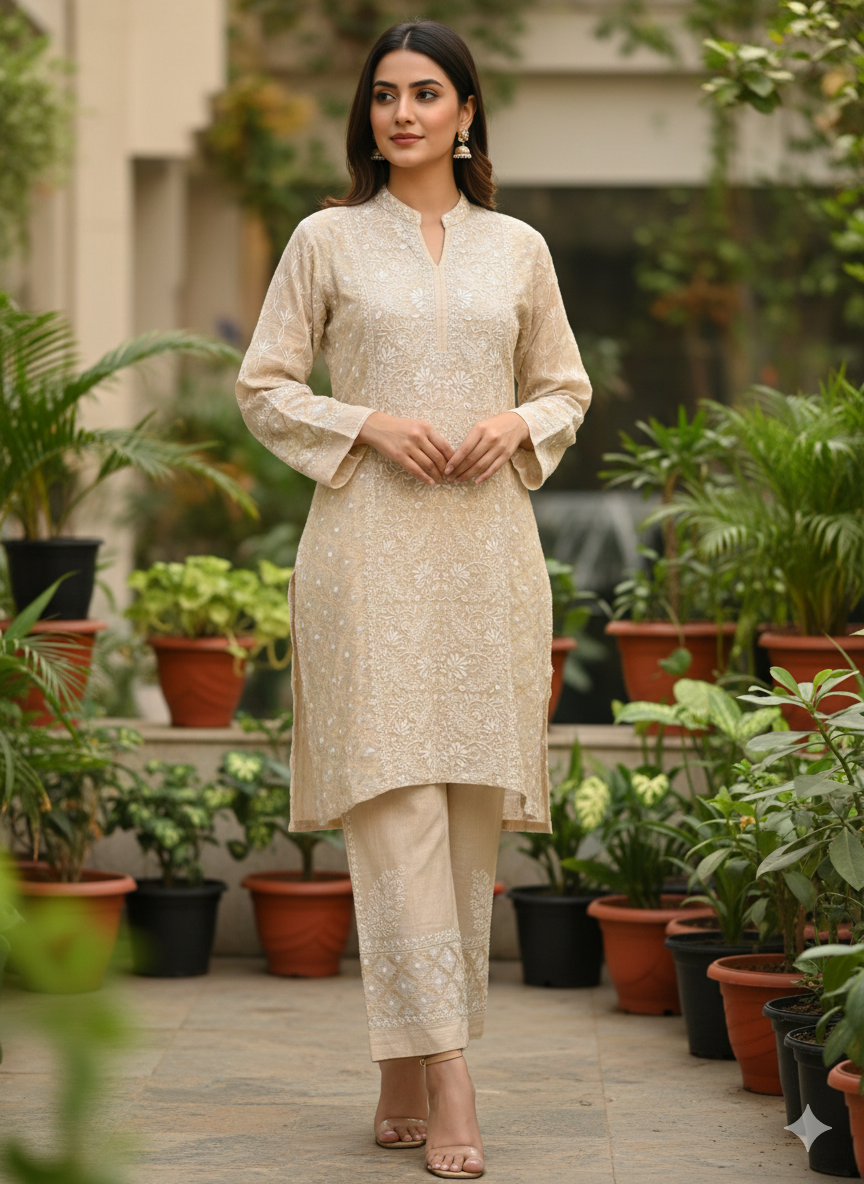 Natural Pure Tissue Chikankari Co-ord Set