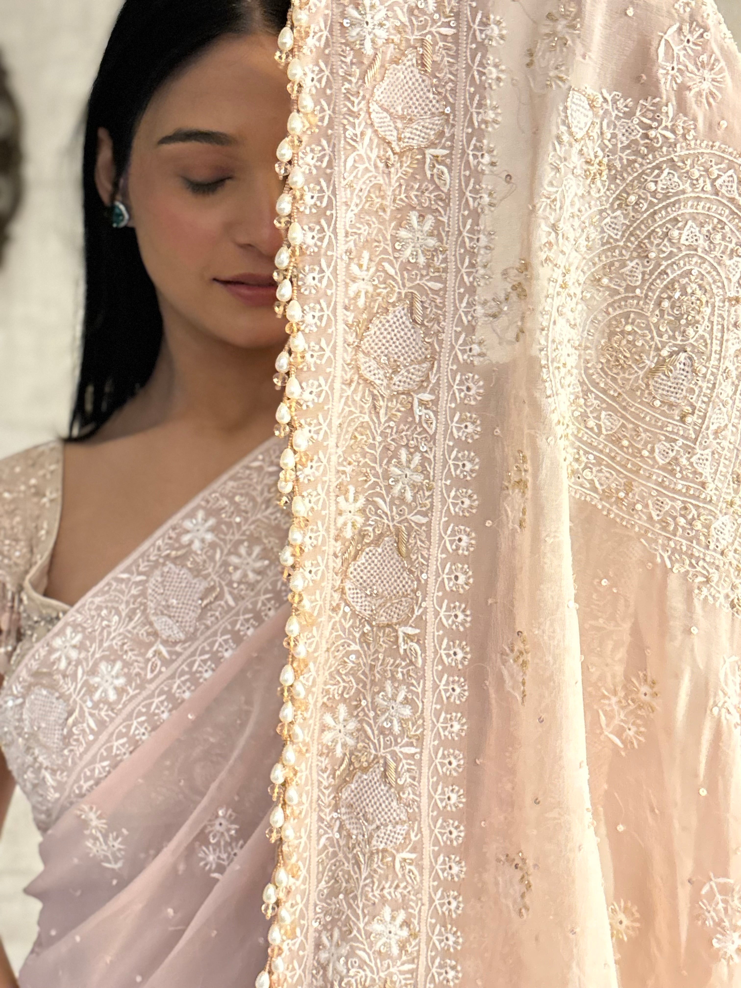 Peach Pure & Premium Georgette Chikankari Saree & Blouse