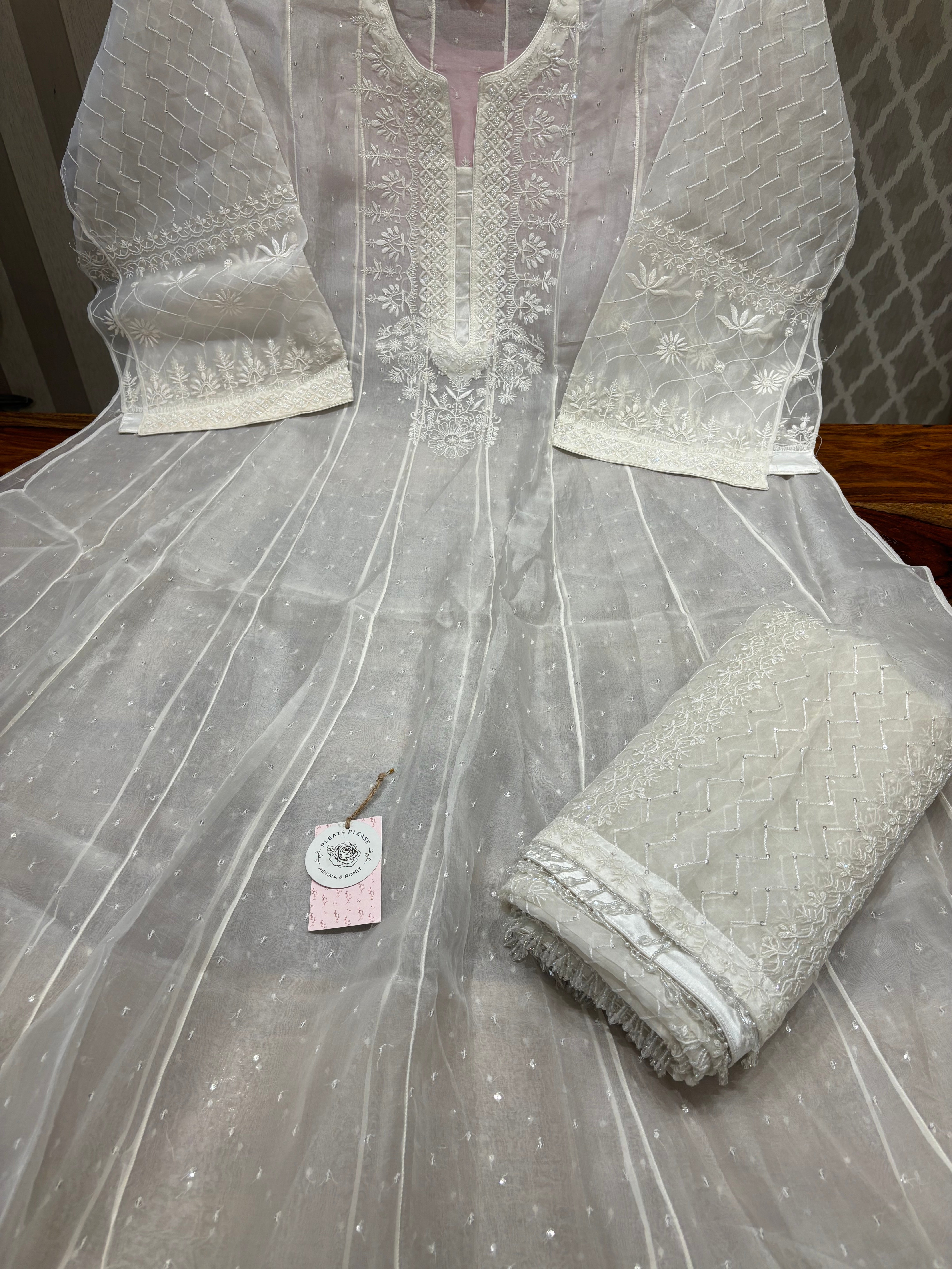Dyeable Pure Organza Silk Chikankari Anarkali and Dupatta set