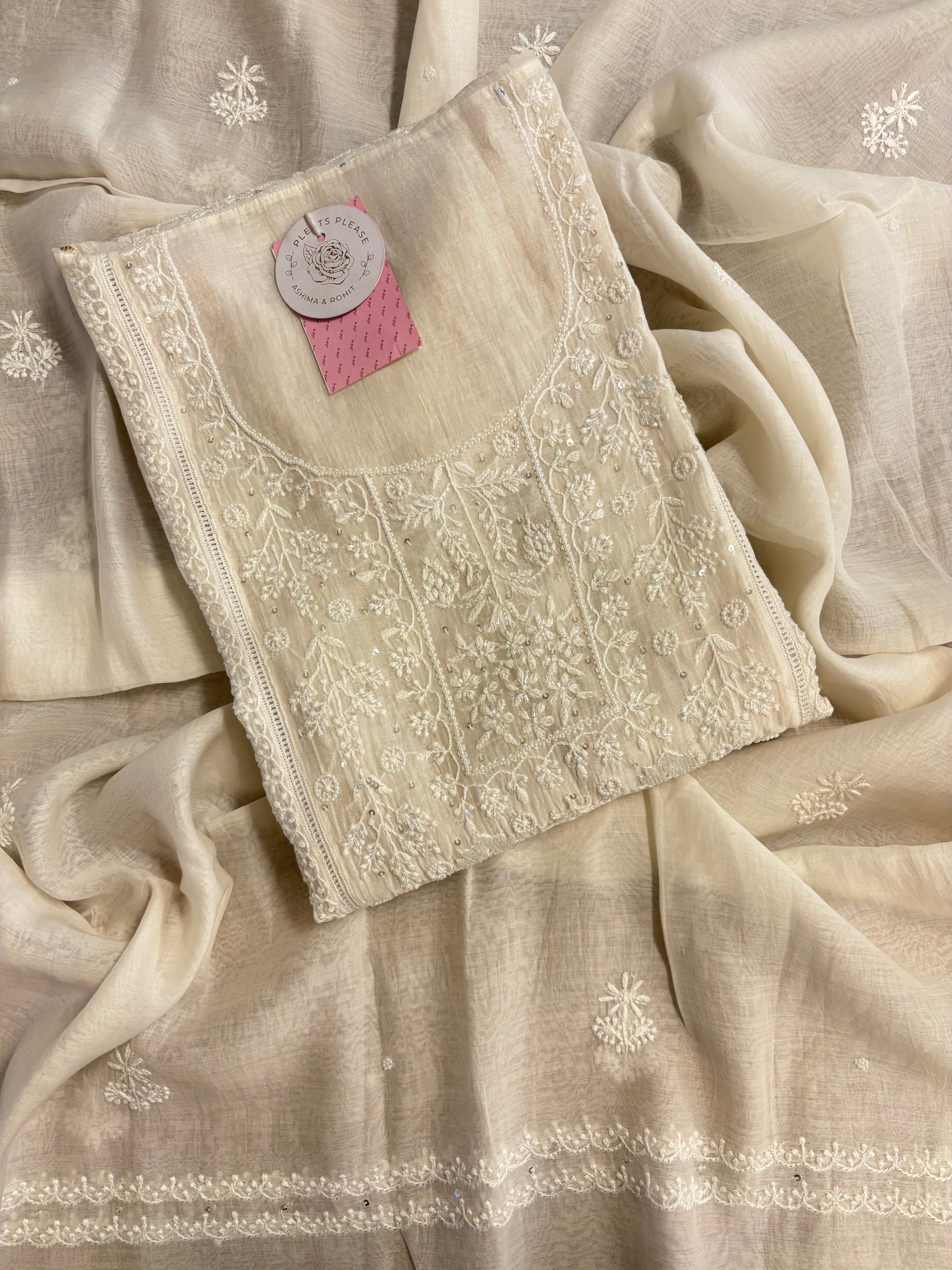 Dyeable Chanderi Mul Chikankari Kurta & Dupatta With Banarasi Weave