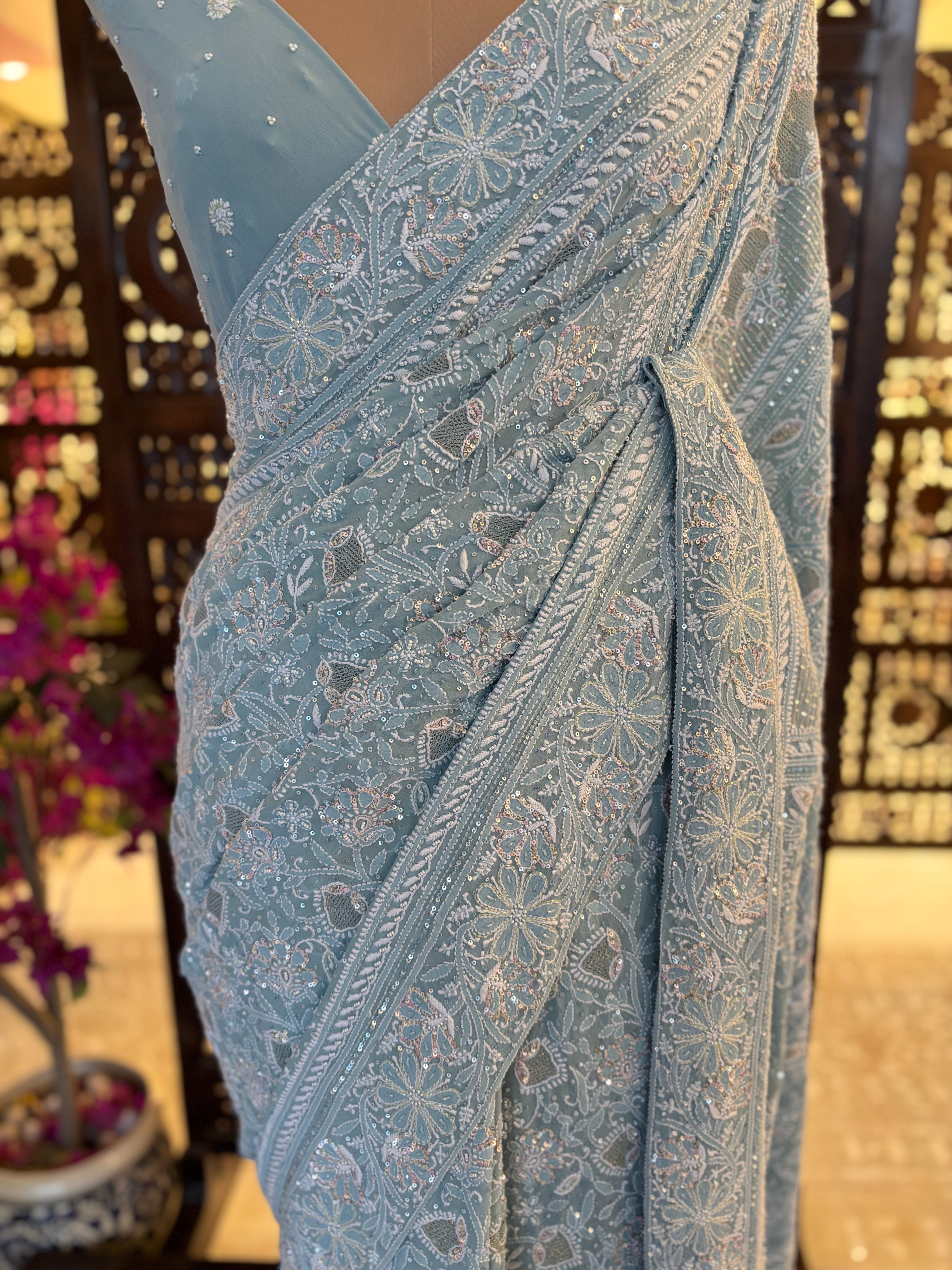 Ice-Blue Pure & Premium Georgette Chikankari Saree - Pleats PleaseChikankari