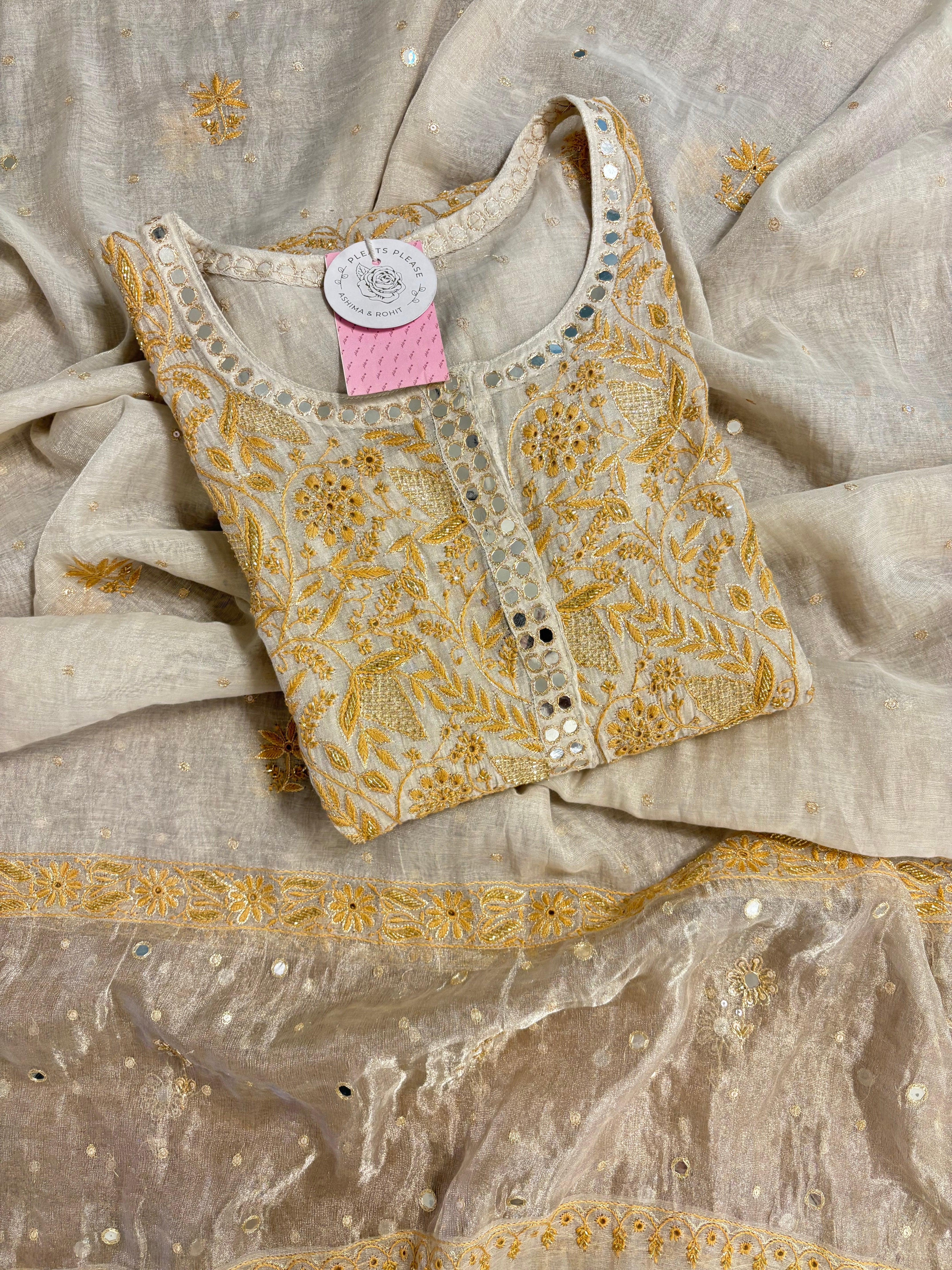 Dyeable Silver Tissue Mirror Neckline Chikankari Kurta & Dupatta