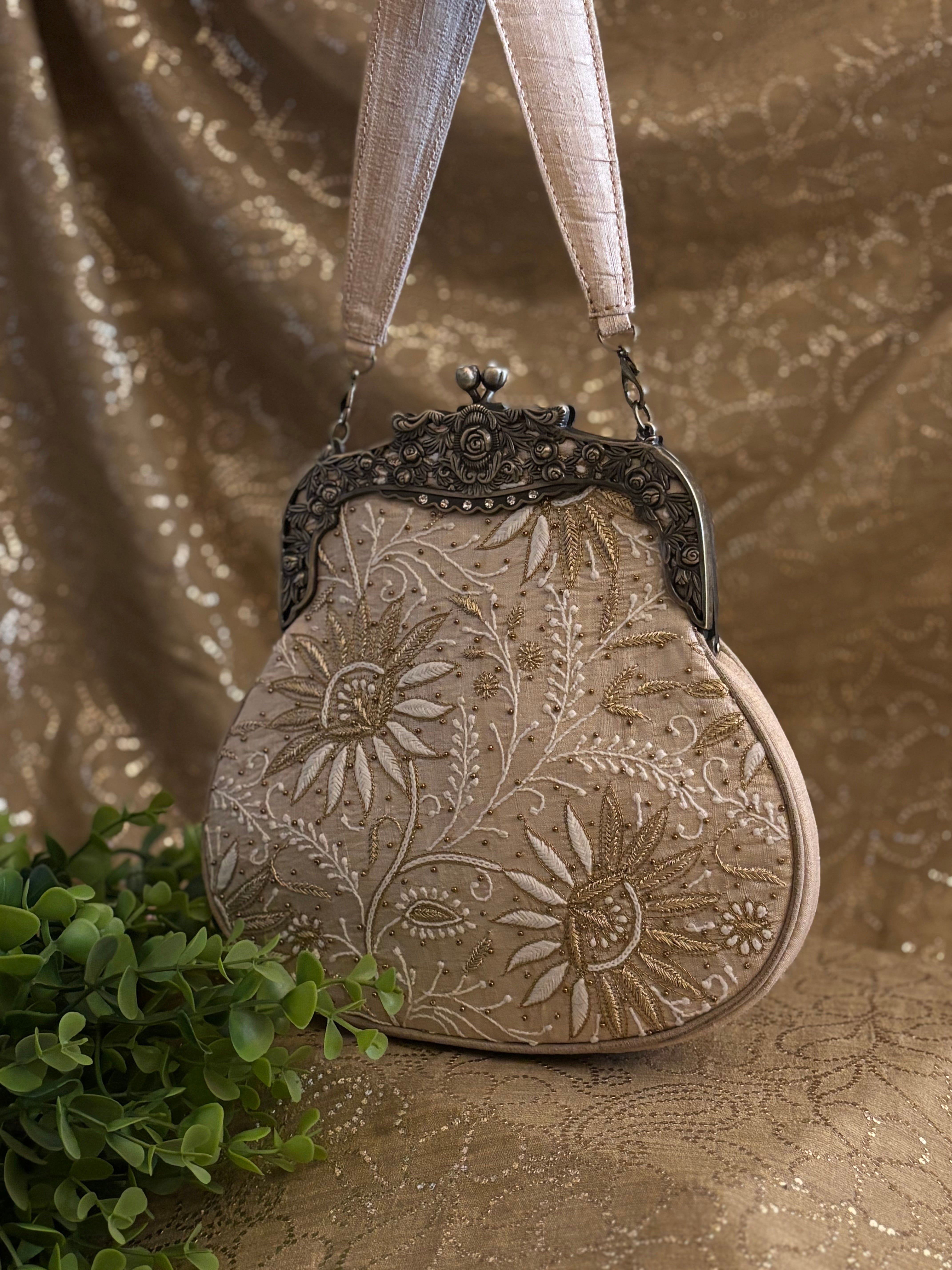 Beige Chikankari Clutch Bag