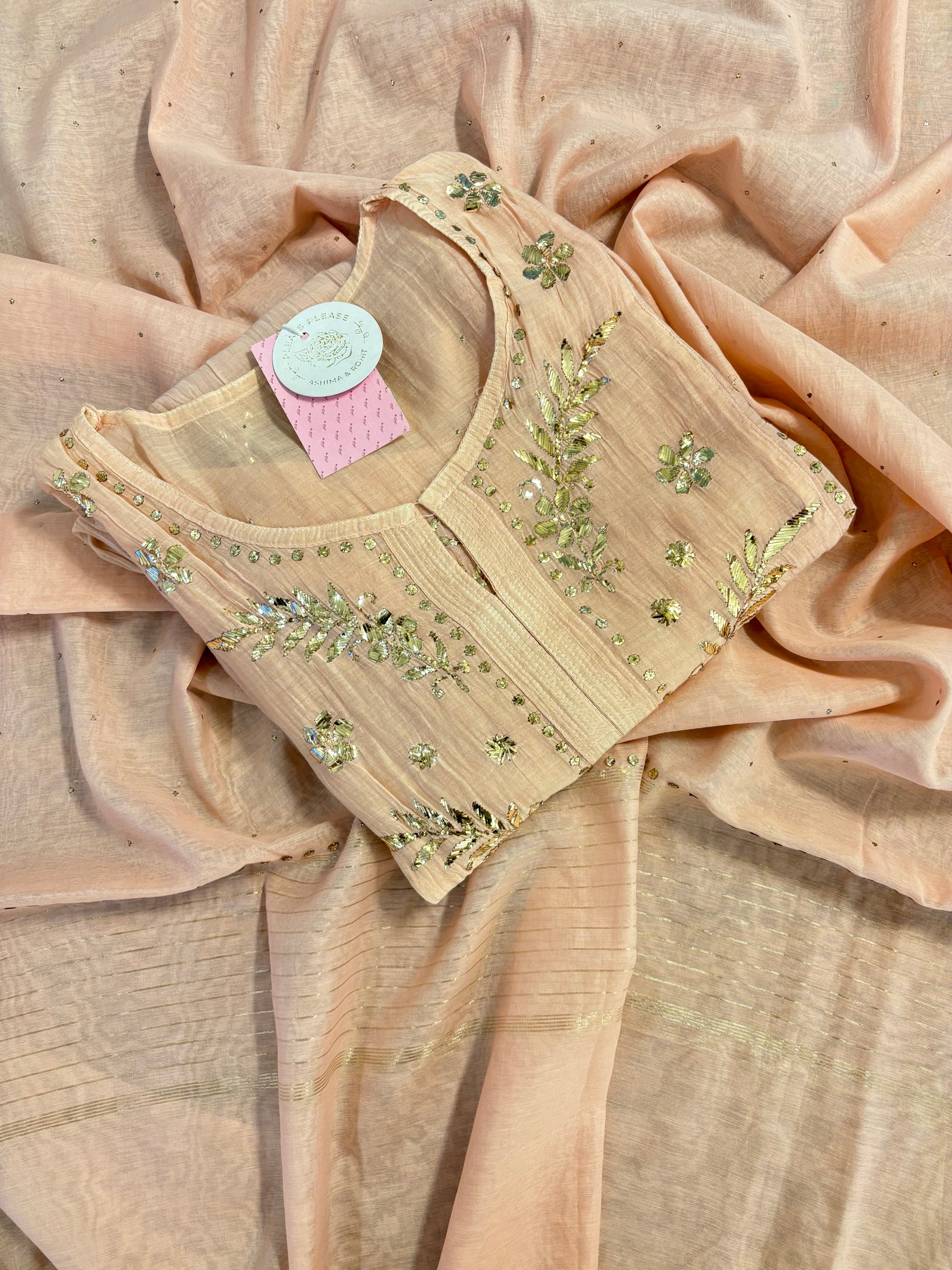 Peach Chanderi A-Line Mukaish Kurta & Dupatta