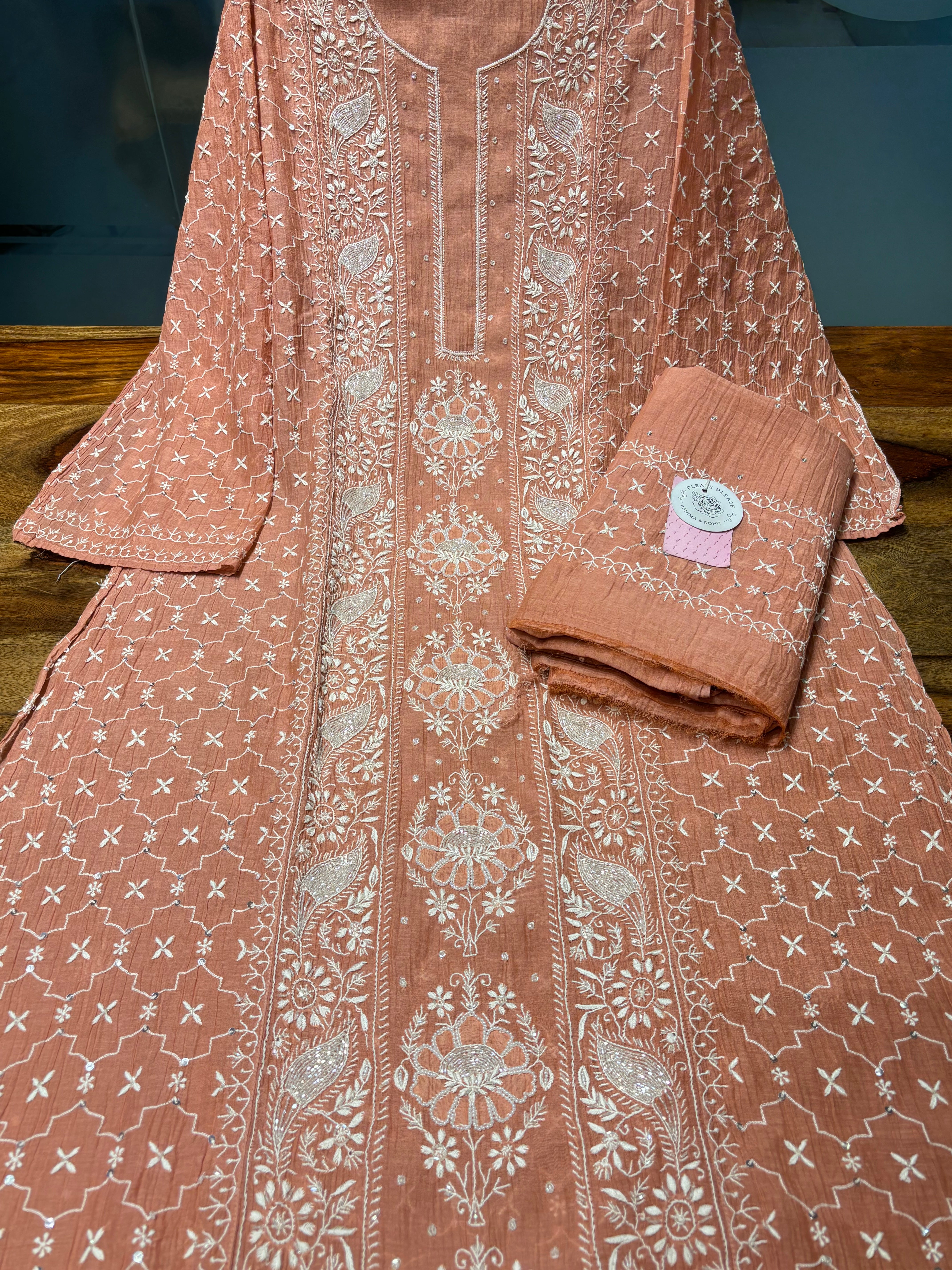 Peach Pure Chanderi Mul Chikankari Kurta & Dupatta