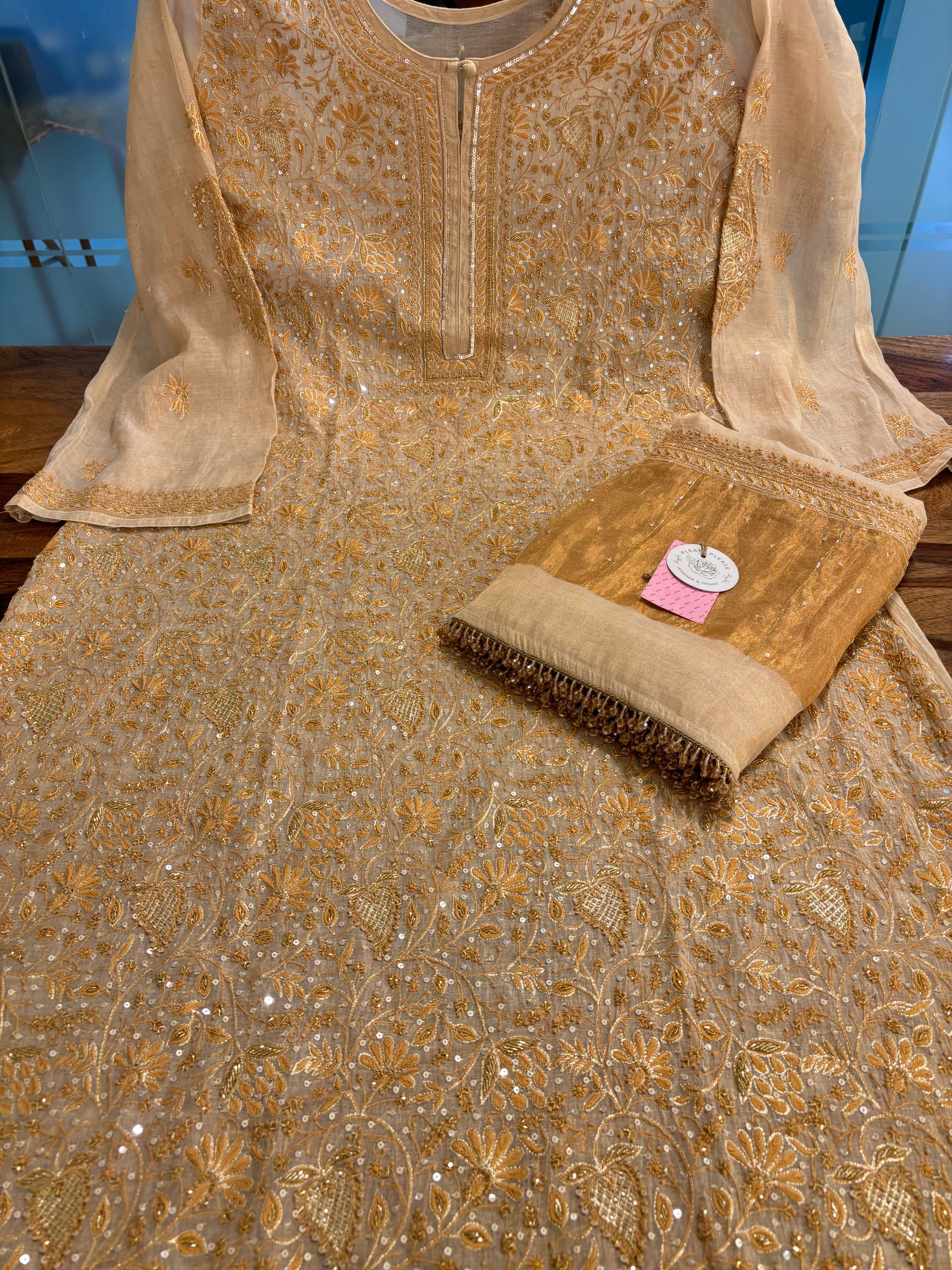 Dyeable Pure & Premium Tissue Heavy Jaal Chikankari Kurta & Dupatta
