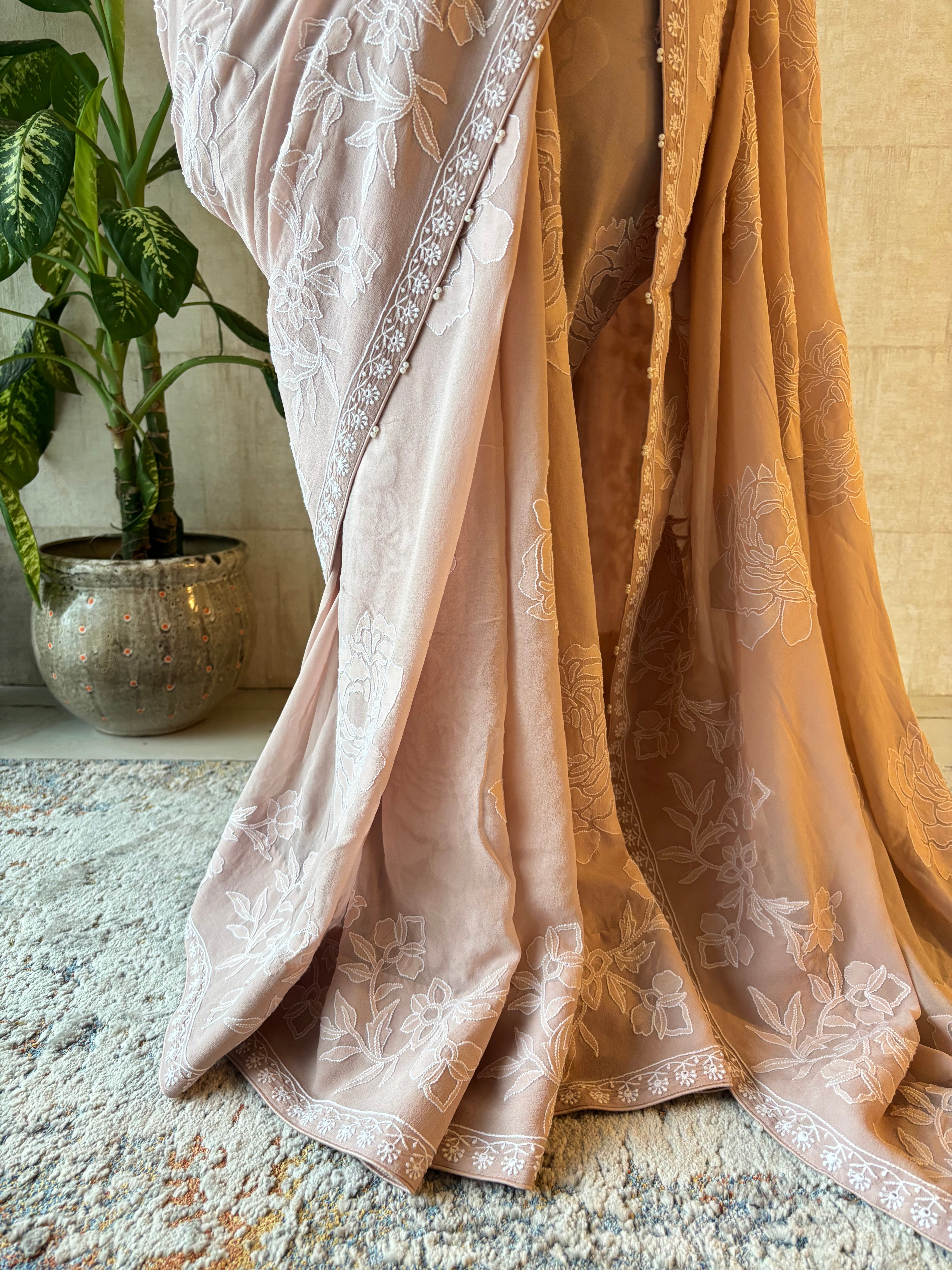 Dusty Peach Pure & Premium Georgette Chikankari Saree & Blouse