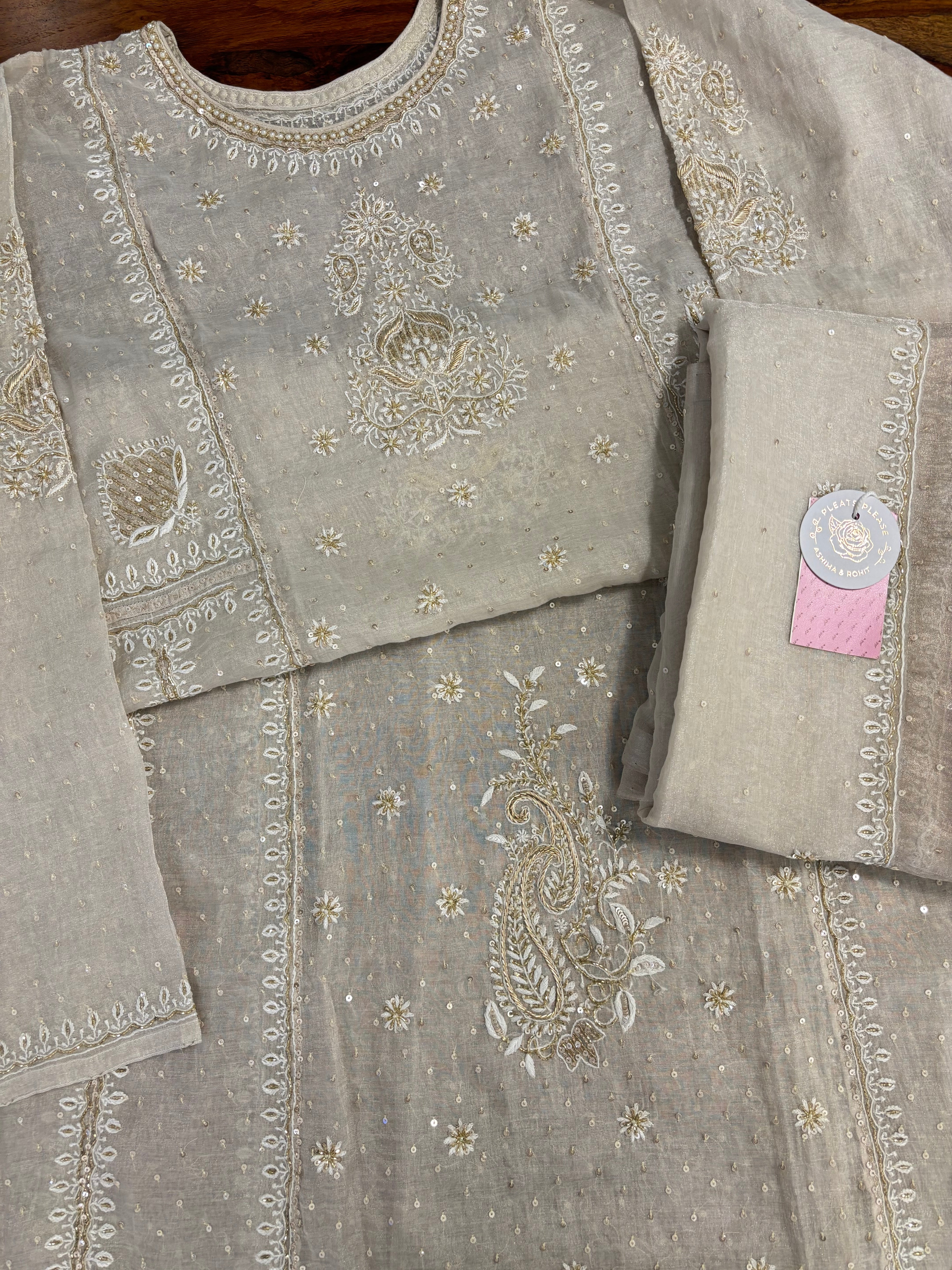 Dyeable Pure Silver Tissue Chikankari Kurta & Dupatta