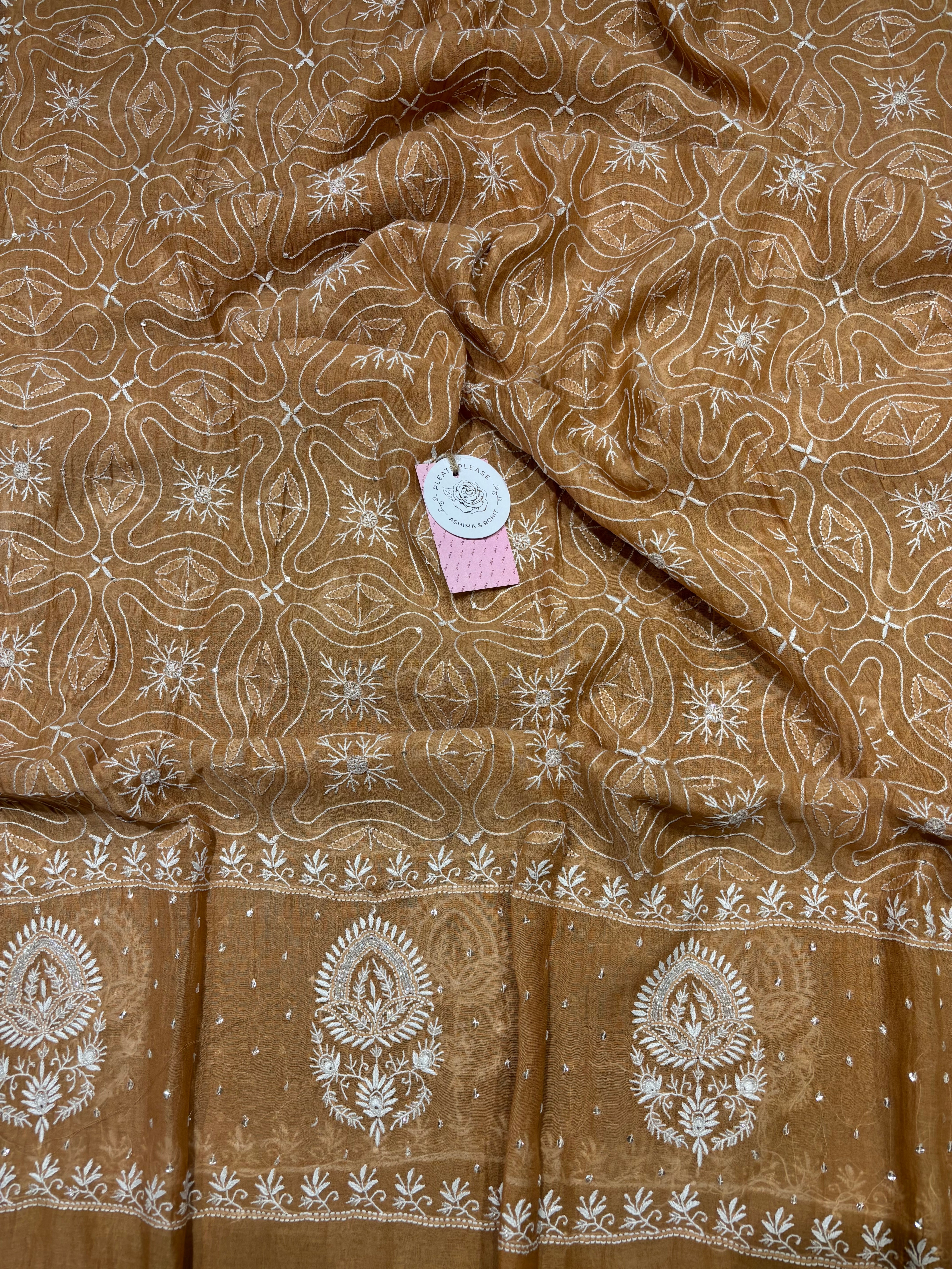 Chocolate Brown Chanderi Mul Chikankari Kurta & Dupatta Set
