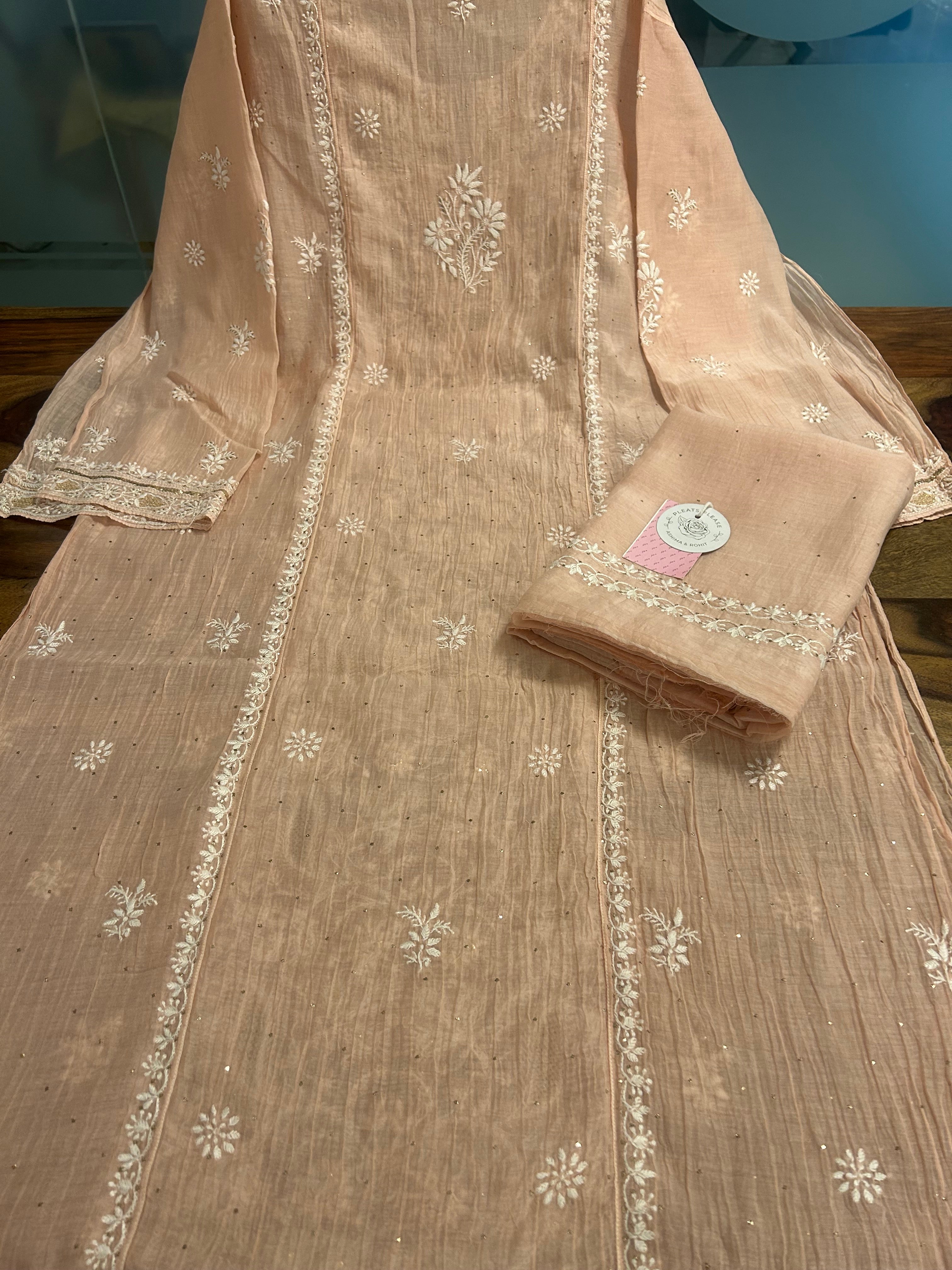 Dusty peach Chanderi Chikankari Mukaish Kurta & Dupatta - Pleats PleaseChikankari