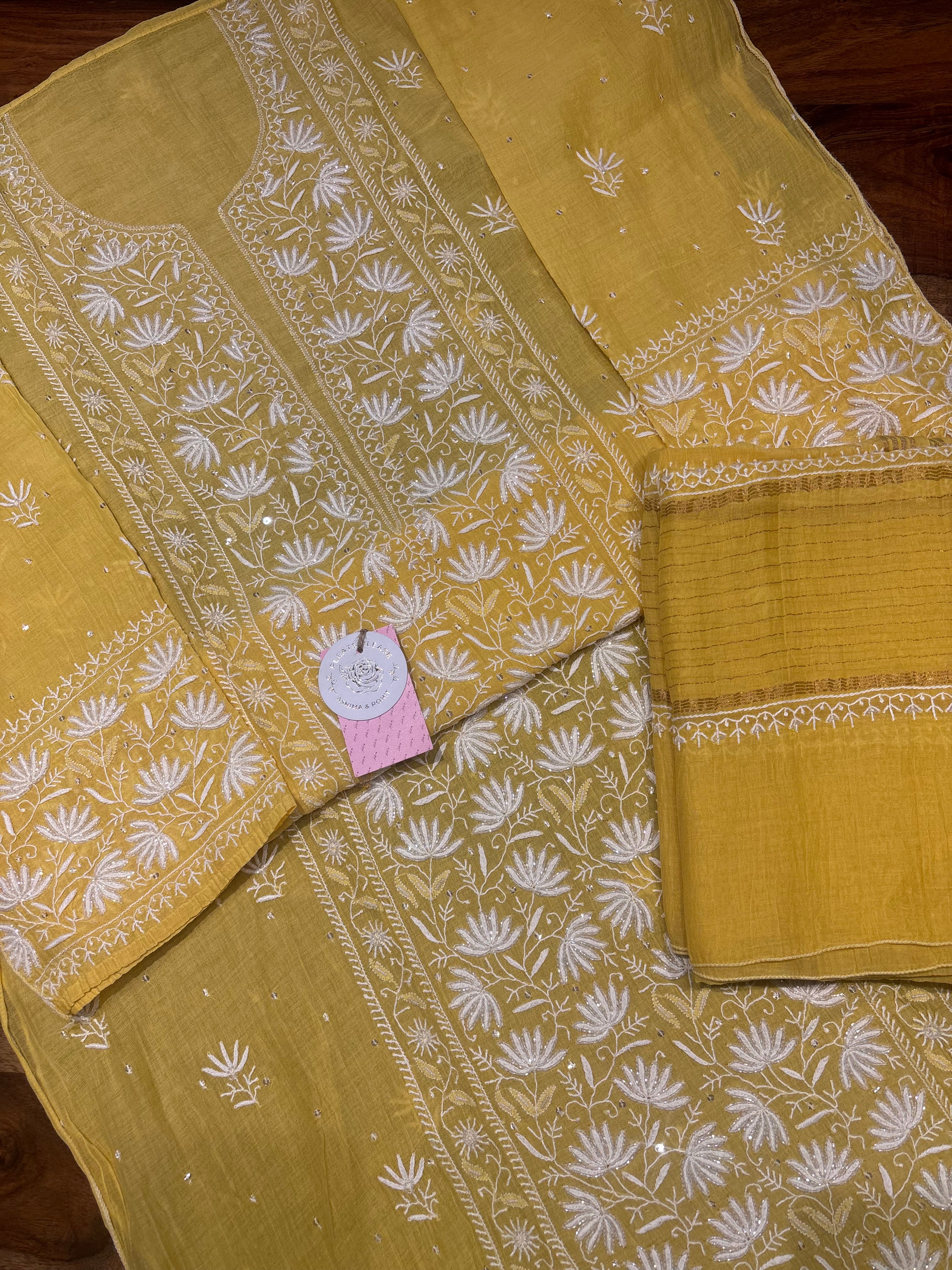 Yellow Chanderi Mul Chikankari Kurta & Dupatta Set