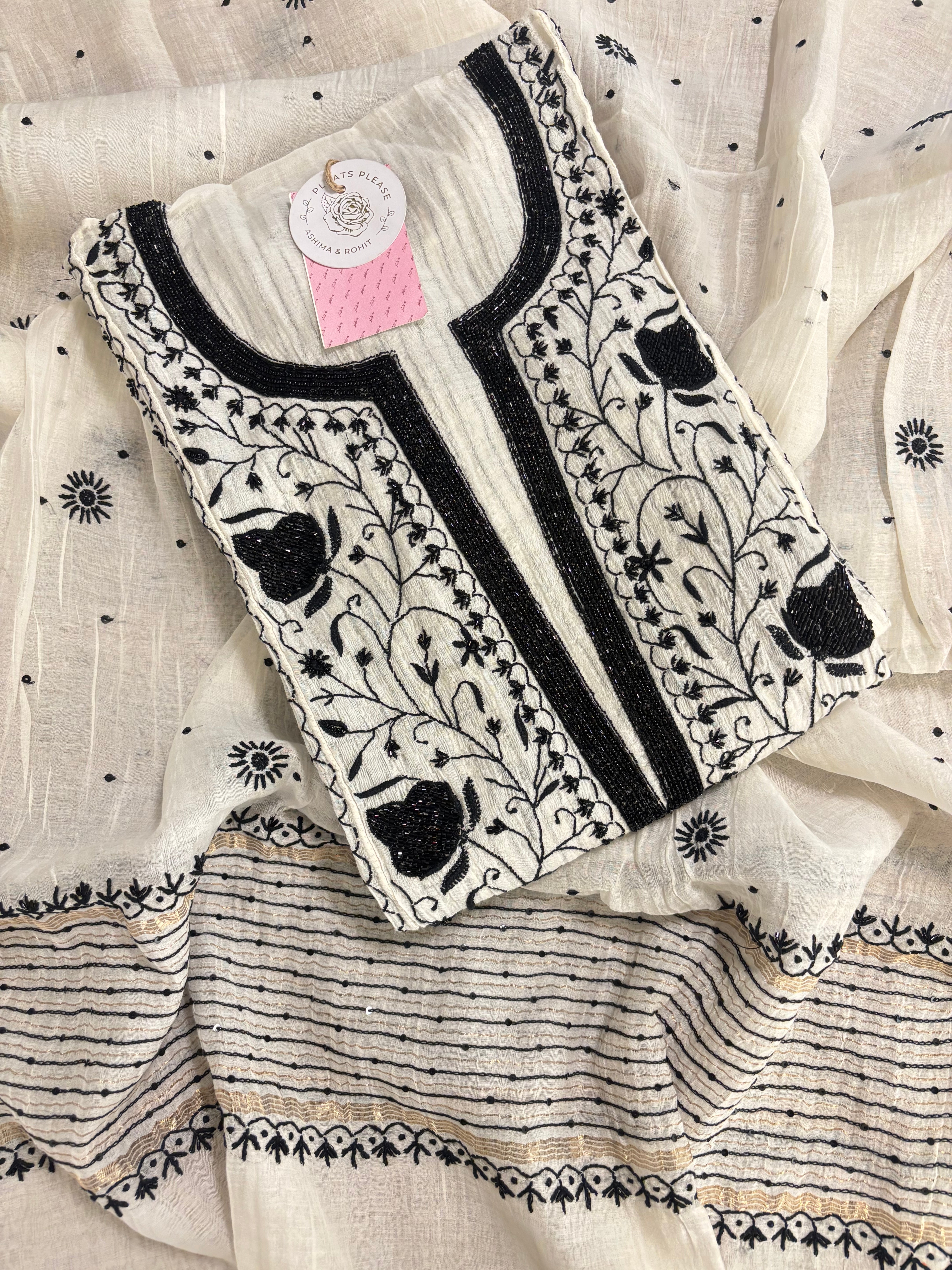 Dyeable  Black & White Chanderi Chikankari Kurta & Dupatta