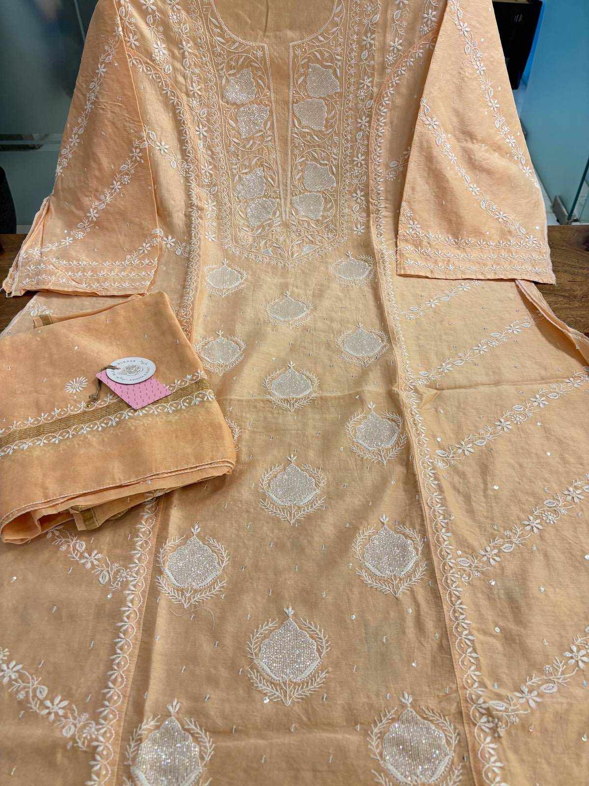 Gold Cream Chanderi Chikankari Kurta & Dupatta