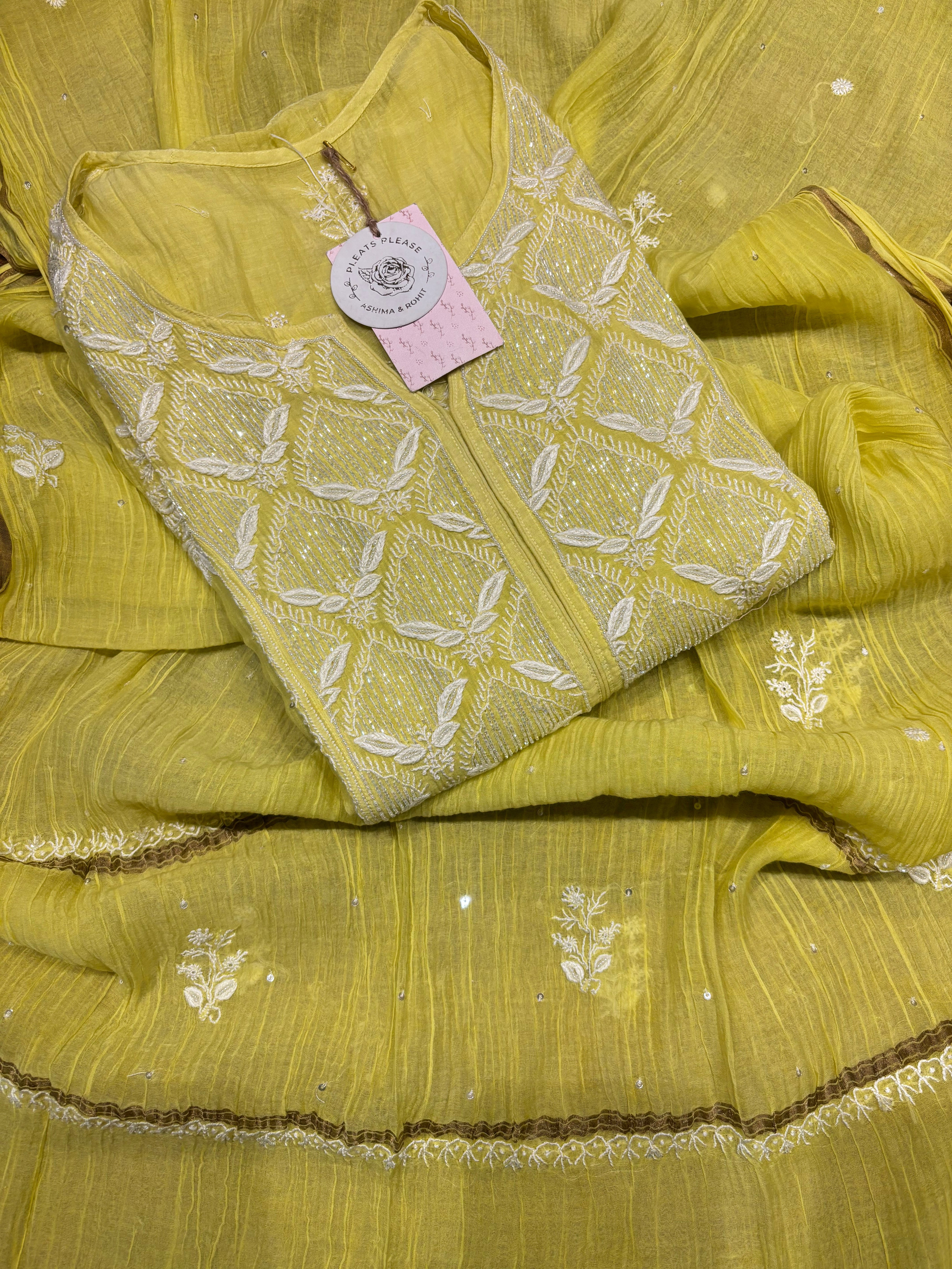 Neon Green Chanderi Mul Chikankari Kurta and Dupatta