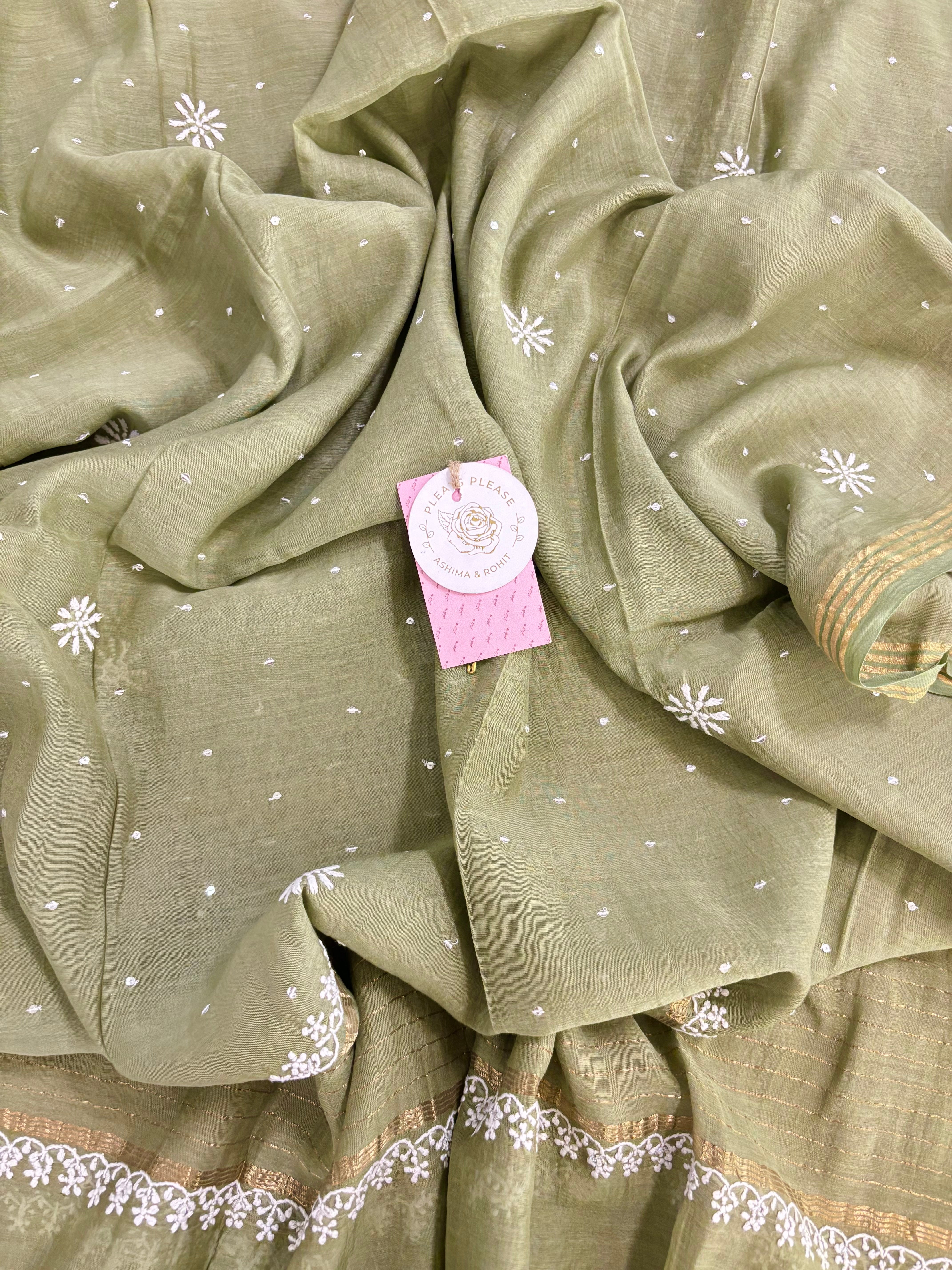 Olive Green Chanderi Mul Chikankari Kurta & Dupatta