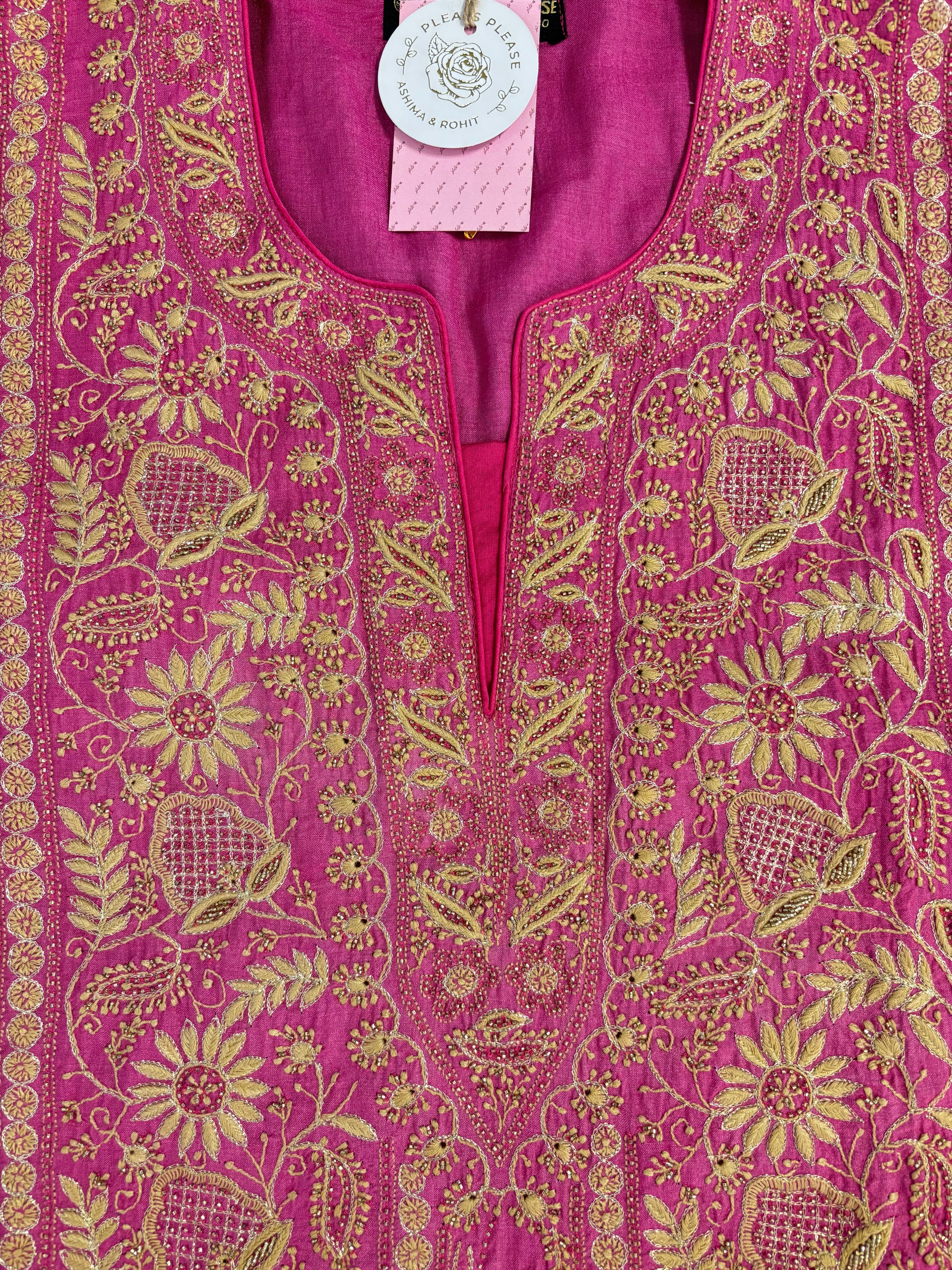 Magenta Pure Monga Silk A-Line Chikankari Kurta & Dupatta With Bottom