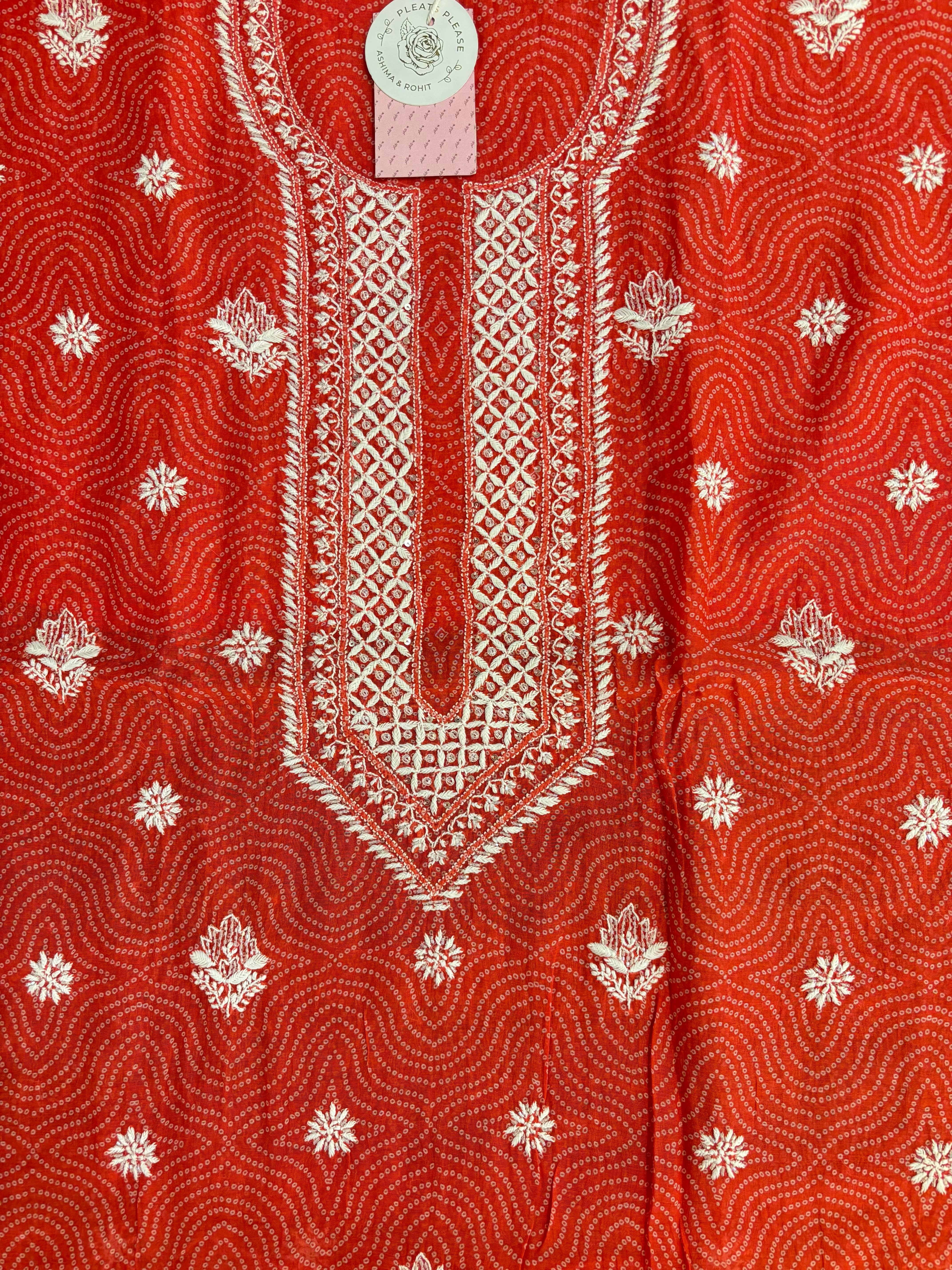 Coral Peach Chanderi Mul Bandhej Chikankari Kurta & Dupatta