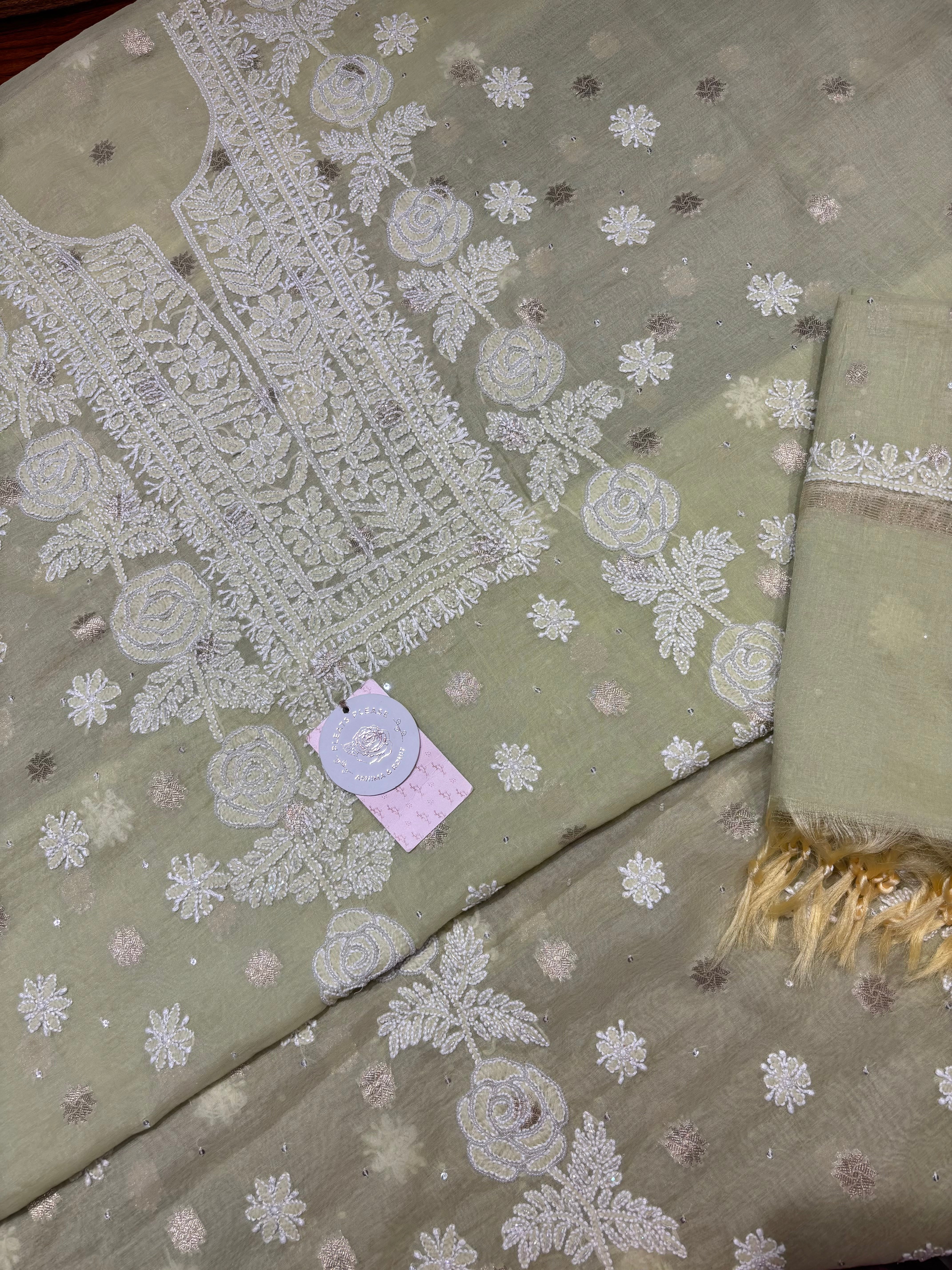 Pistachio Green Chanderi Silk Chikankari Kurta & Dupatta Fabric