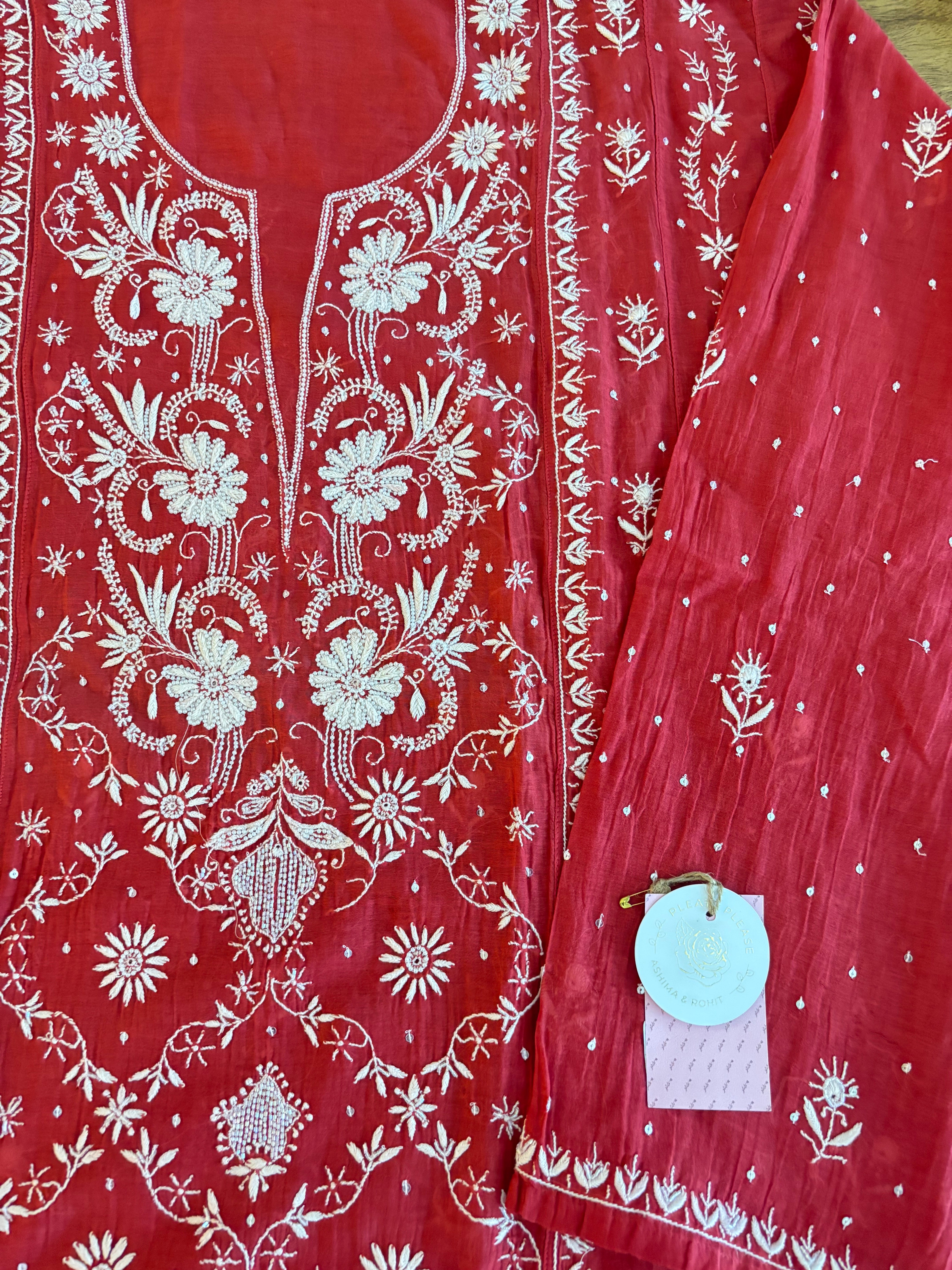 Red Chanderi Chikankari Anarkali & Dupatta