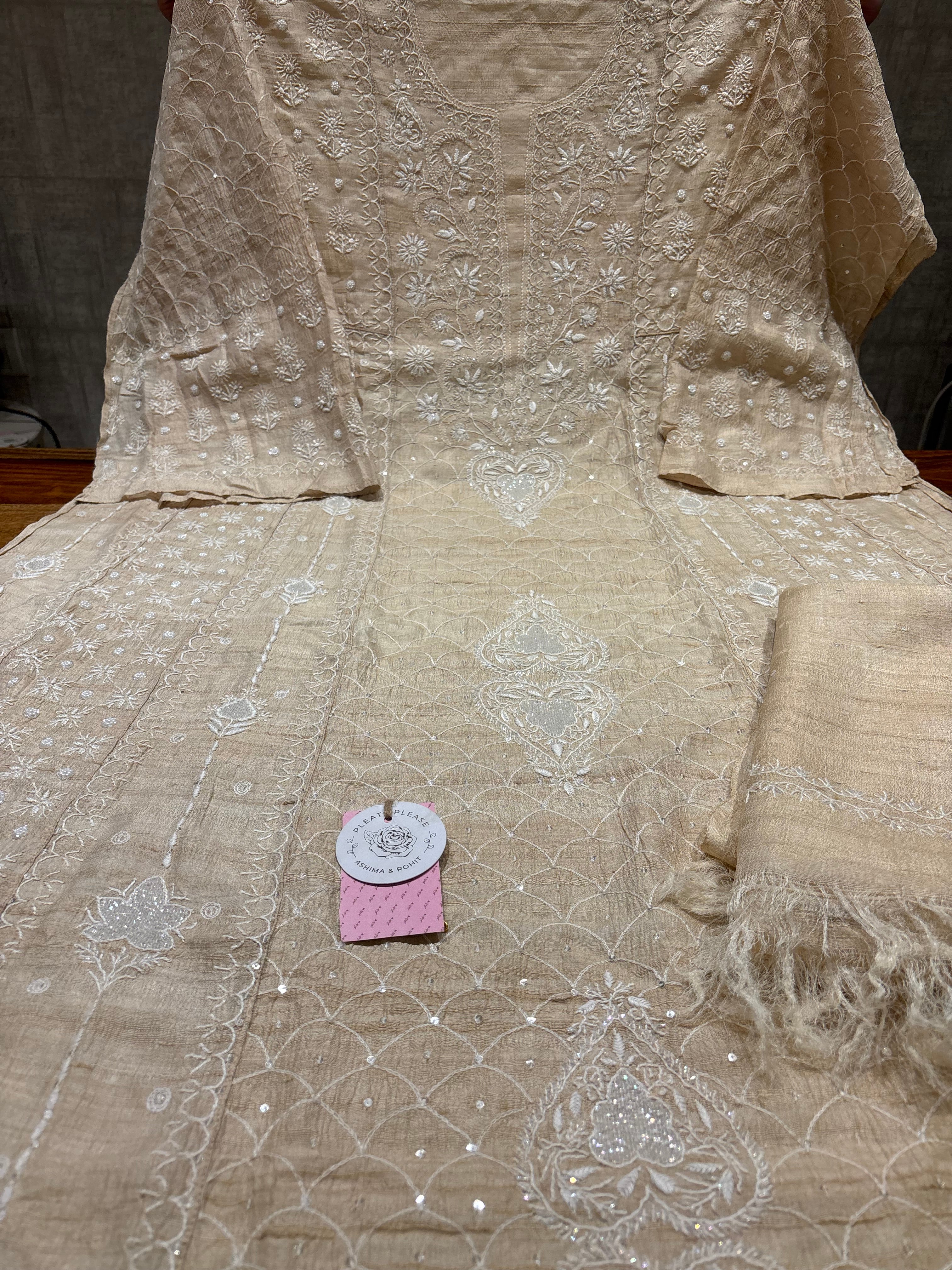 Dyeable Pure & Premium Tussar Silk Chikankari Anarkali & Dupatta Set