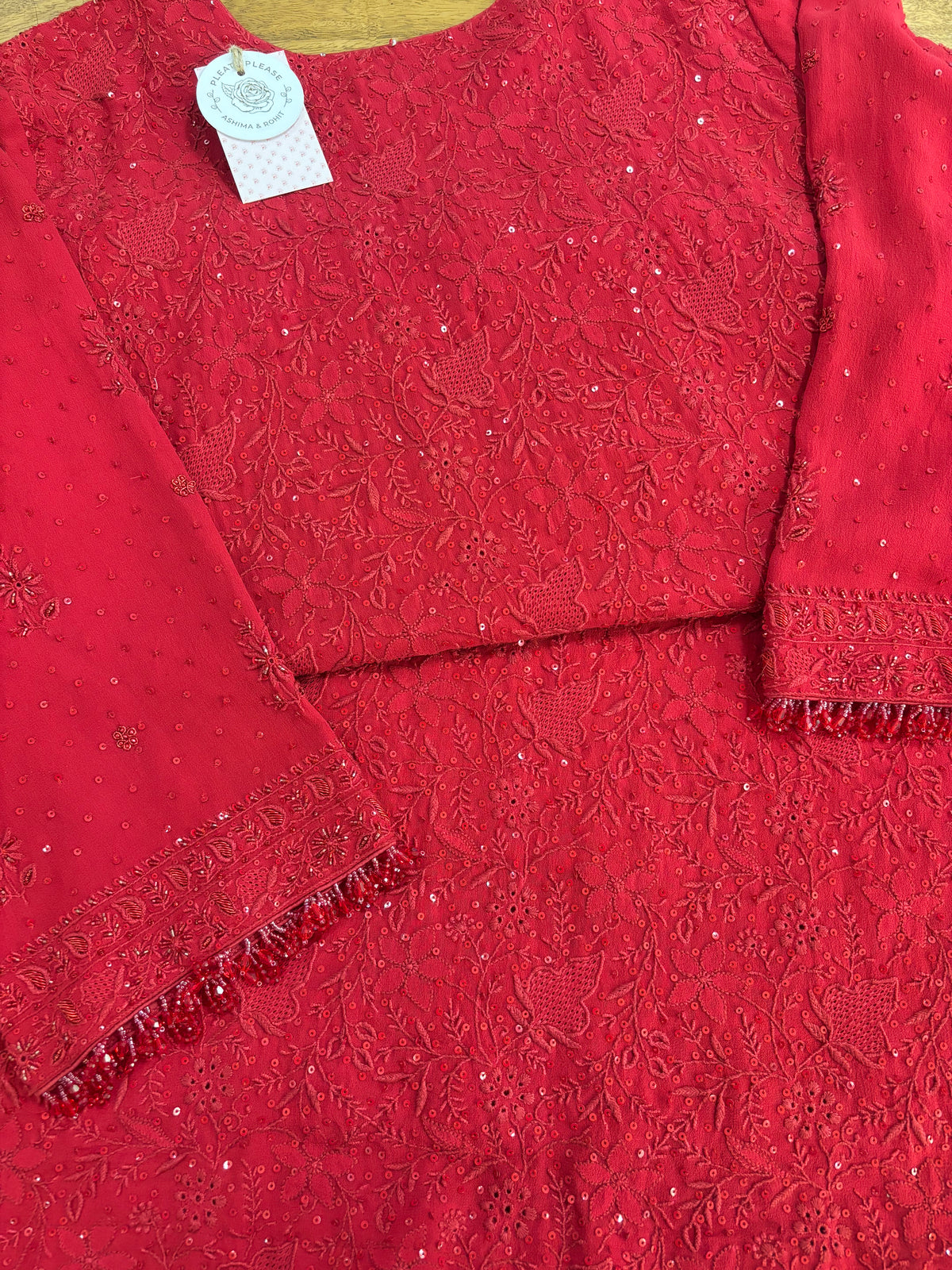 Deep Red Pure & Premium Georgette Chikankari Kurta, Dupatta With Bottom
