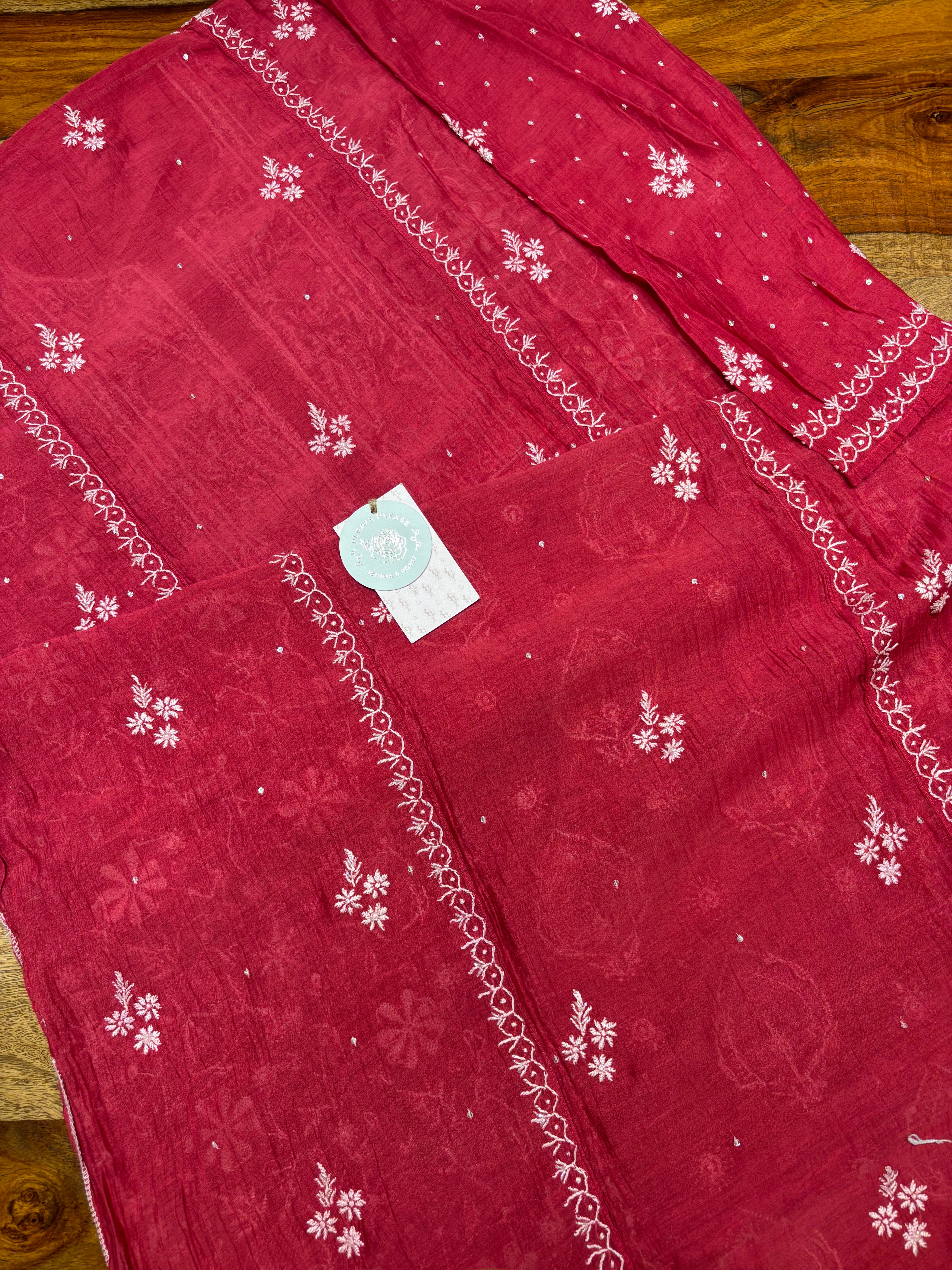 Red Chanderi Mul Chikankari Kurta & Dupatta Set