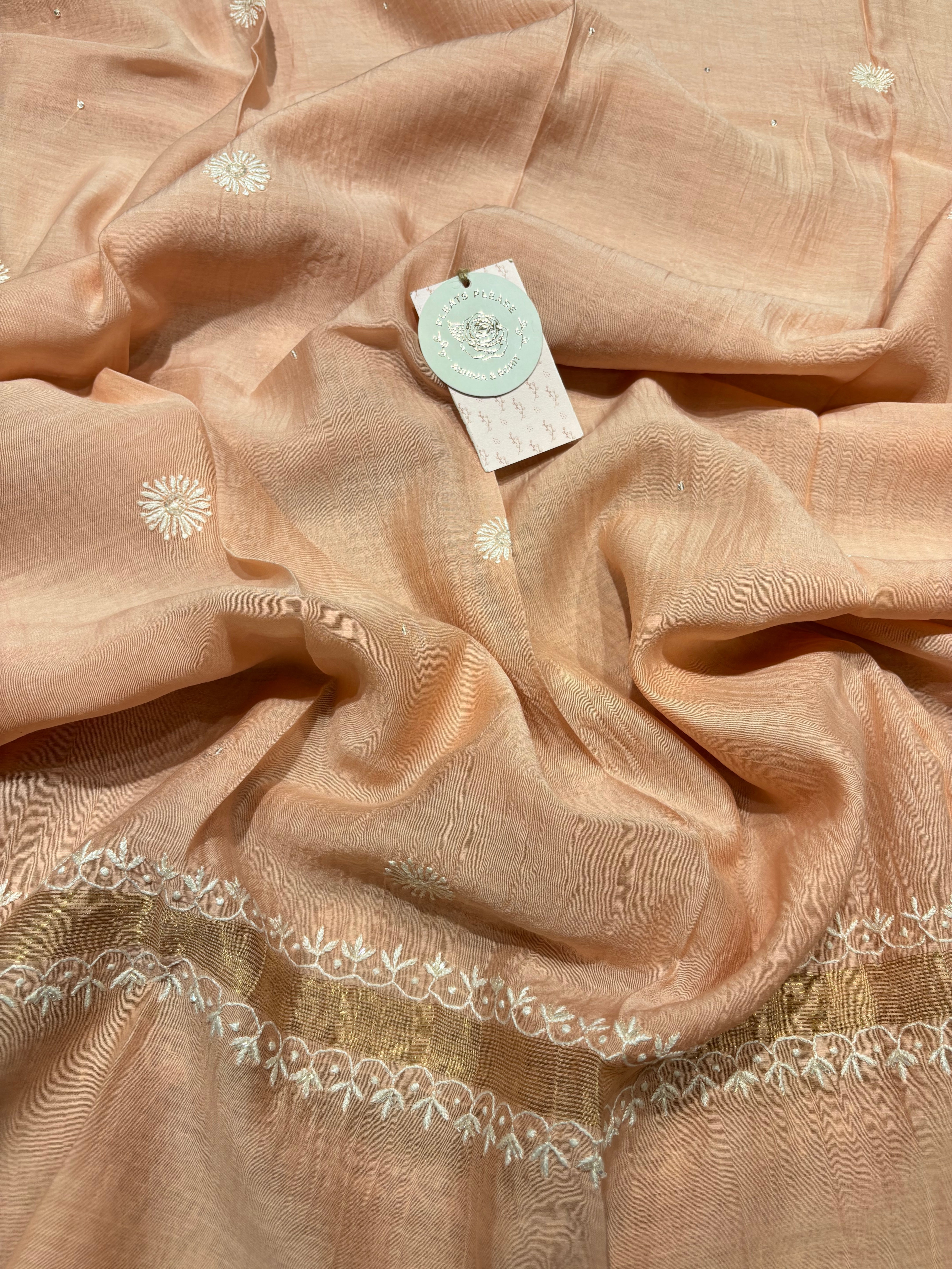 Peach Chanderi Mul Chikankari Kurta and Dupatta Set