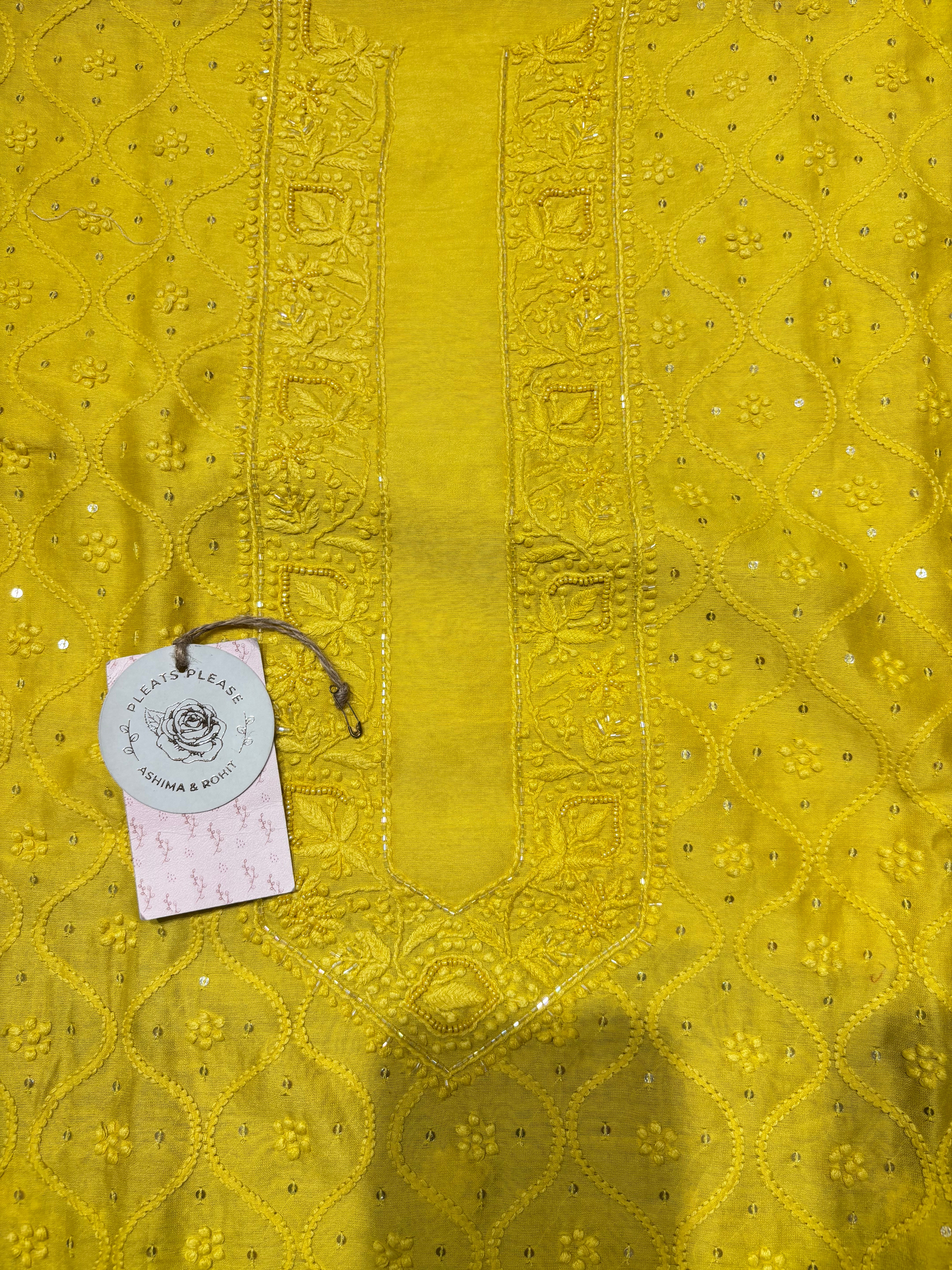 Yellow Chanderi Silk Chikankari Men’s Kurta Fabric