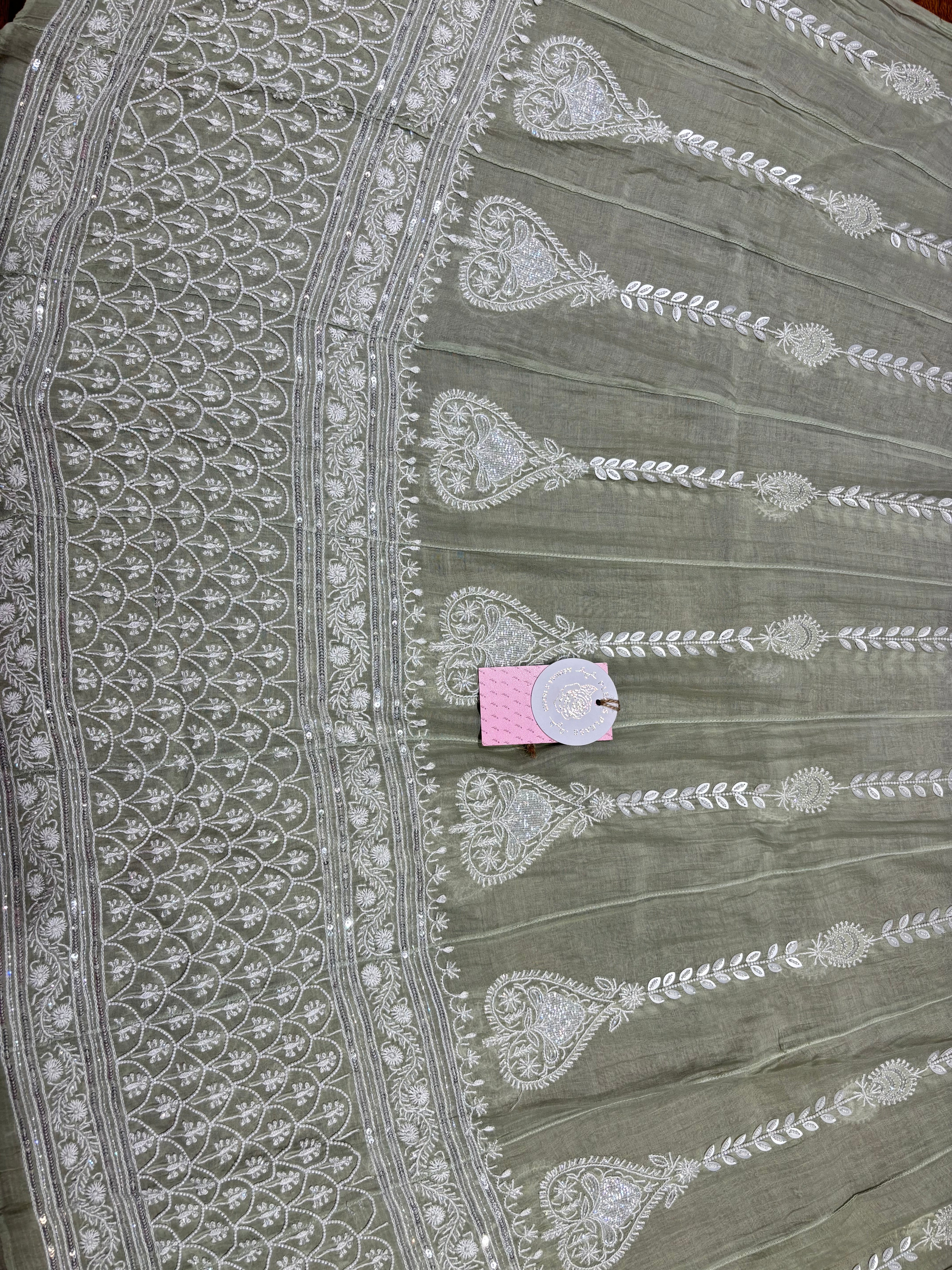 Sage Green Ombre Chanderi Mul Chikankari Anarkali & Dupatta Set