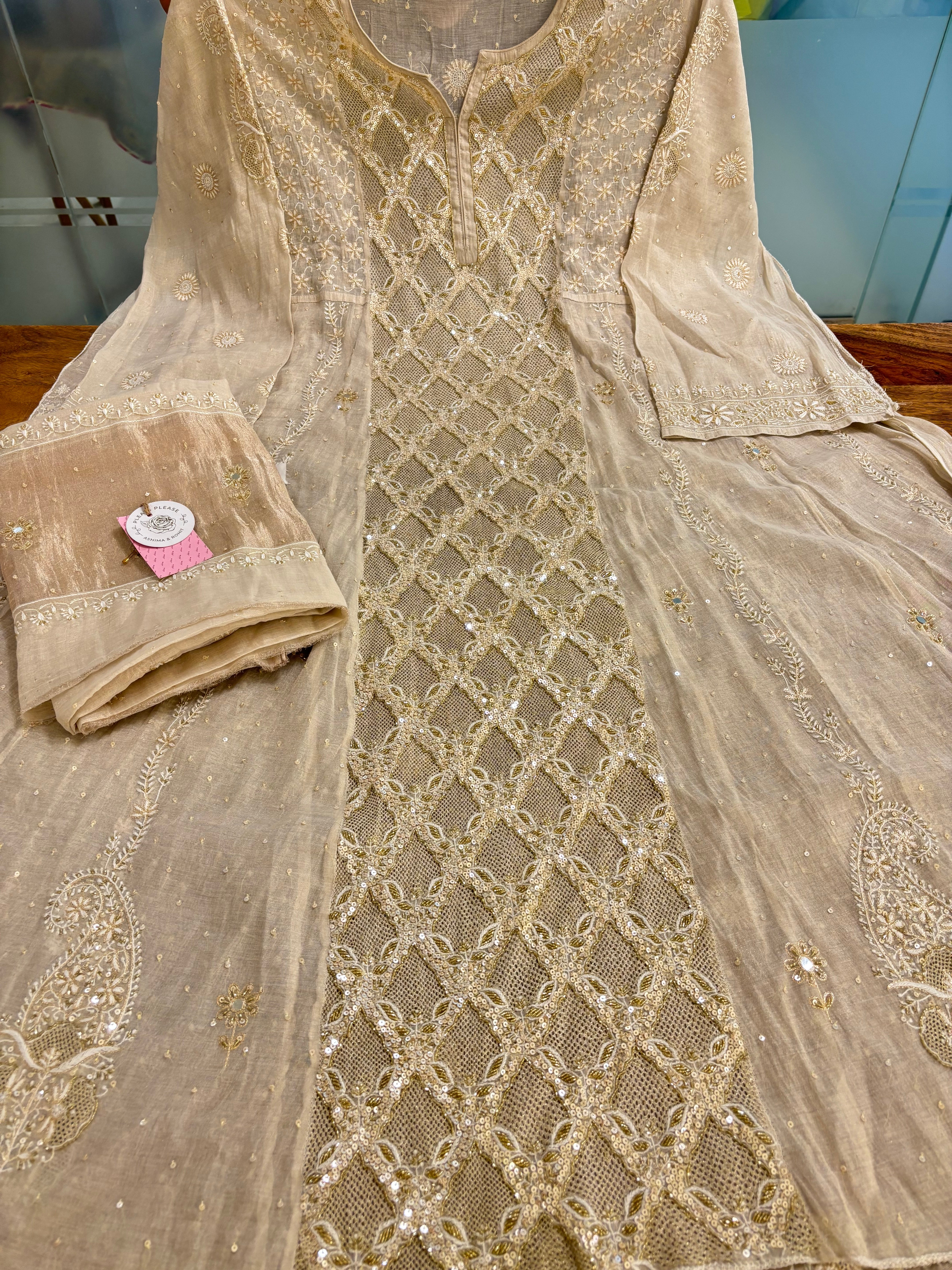 Dyeable Pure & Premium Silver Tissue Chikankari Anarkali & Dupatta