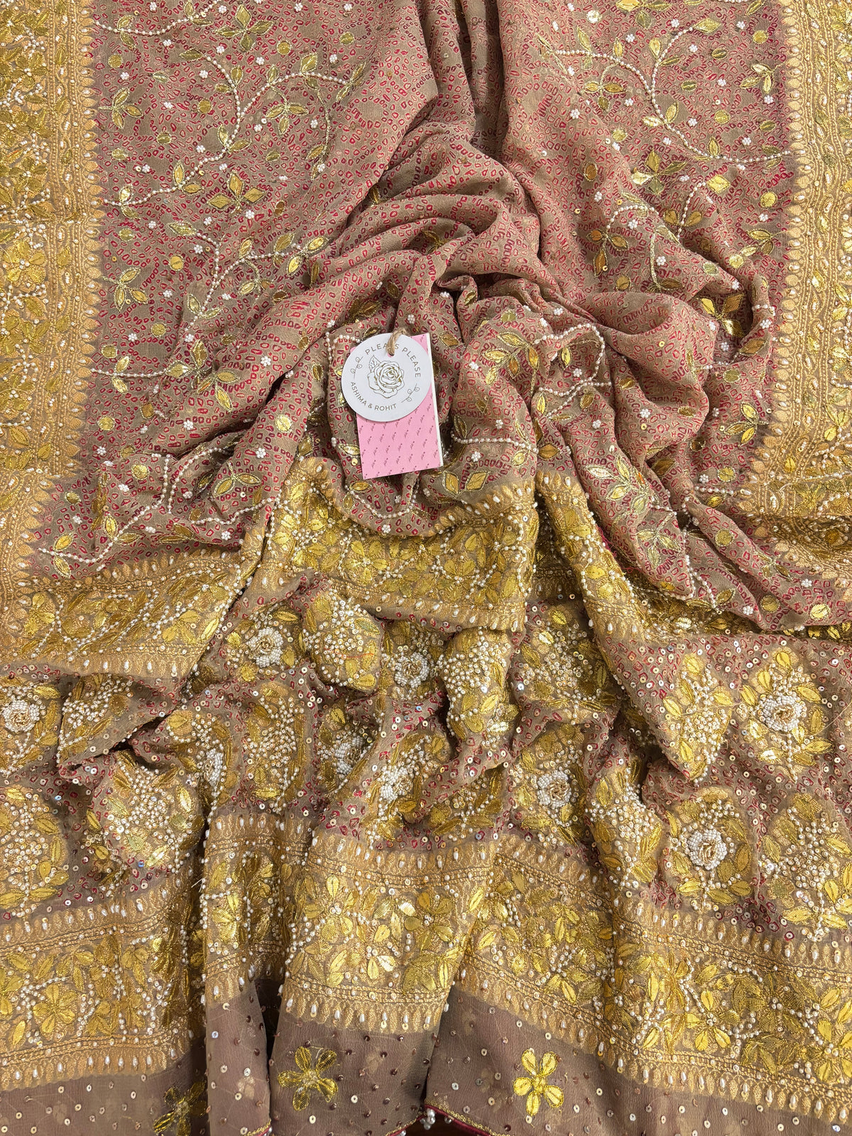 Beige-Red Pure & Premium Georgette Gota Patti Bandhej Zardozi Dupatta - Pleats PleaseChikankari