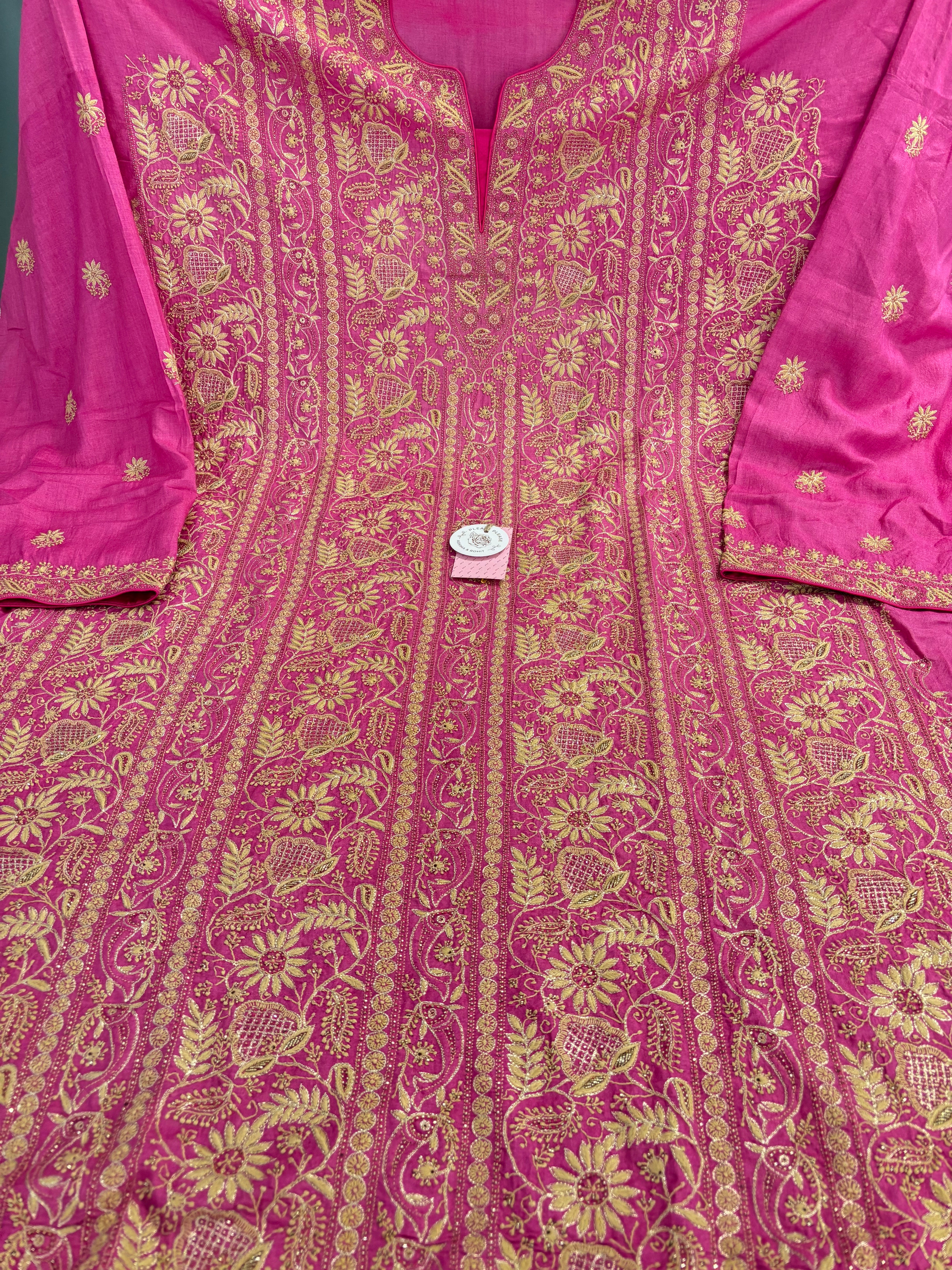 Magenta Pure Monga Silk A-Line Chikankari Kurta & Dupatta With Bottom - Pleats PleaseChikankari