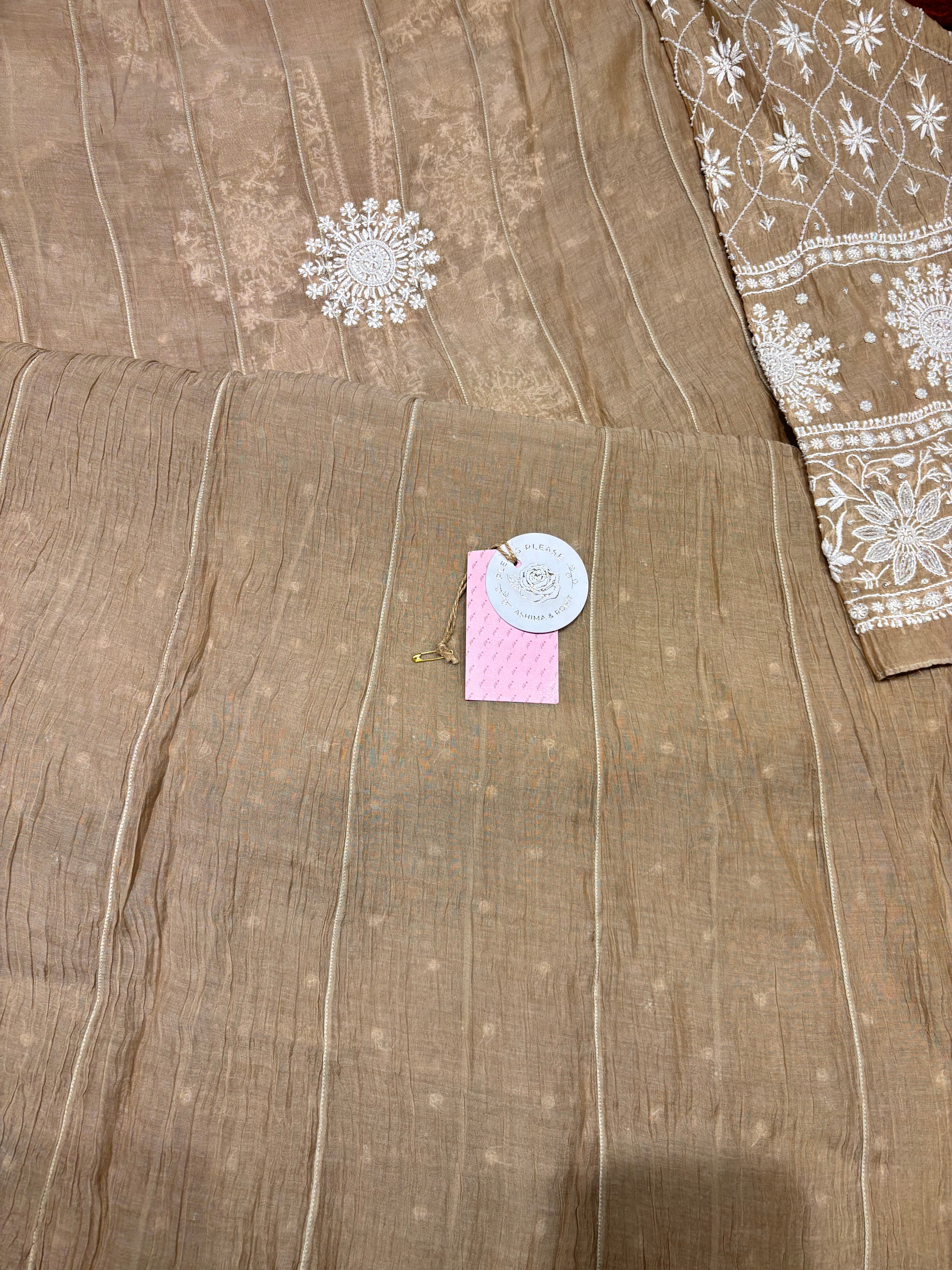 Brown Chanderi Mul Chikankari Anarkali and Dupatta Set