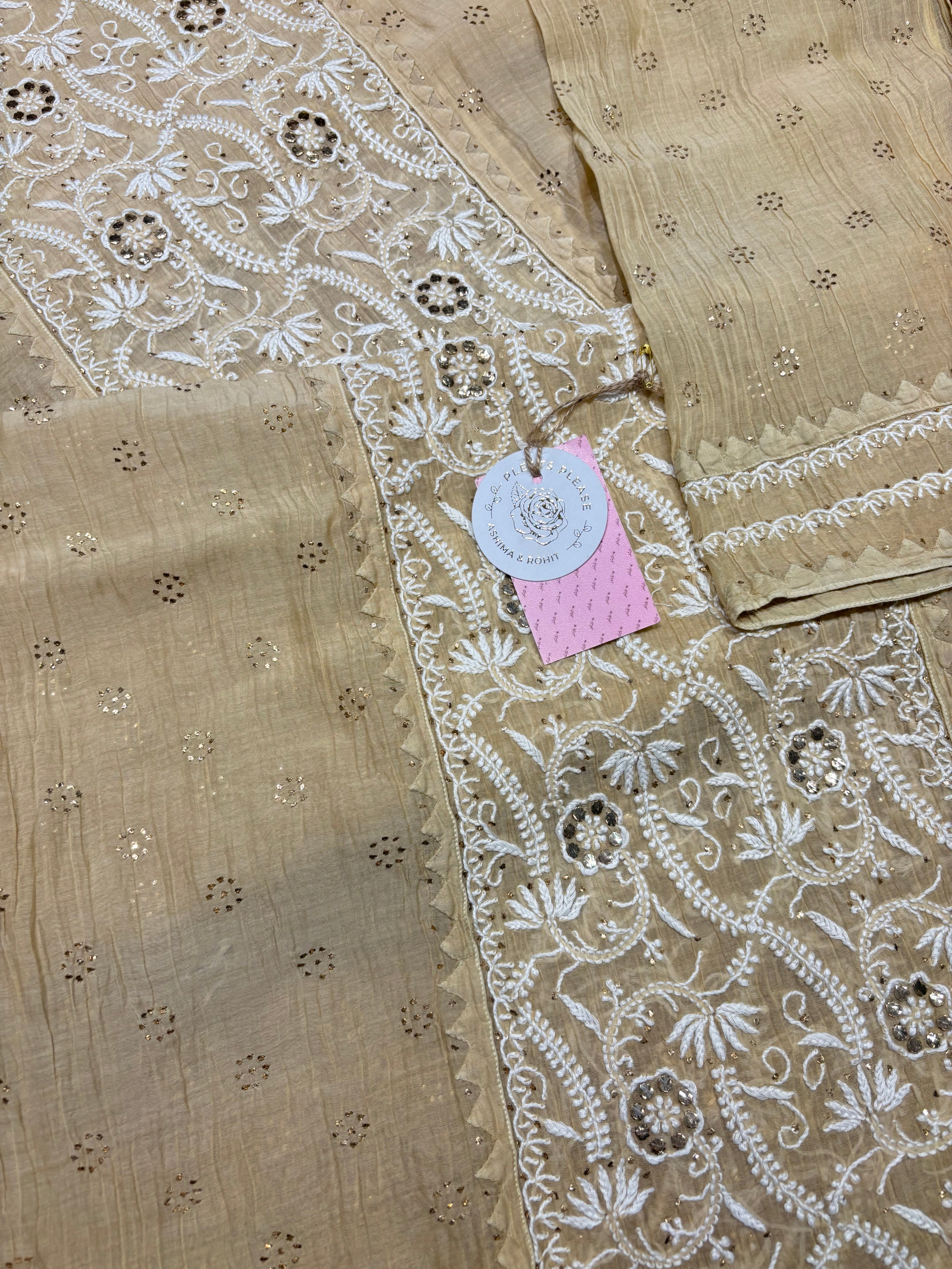 Beige Chanderi Mul Chikankari and Mukaish kurta and Dupatta set