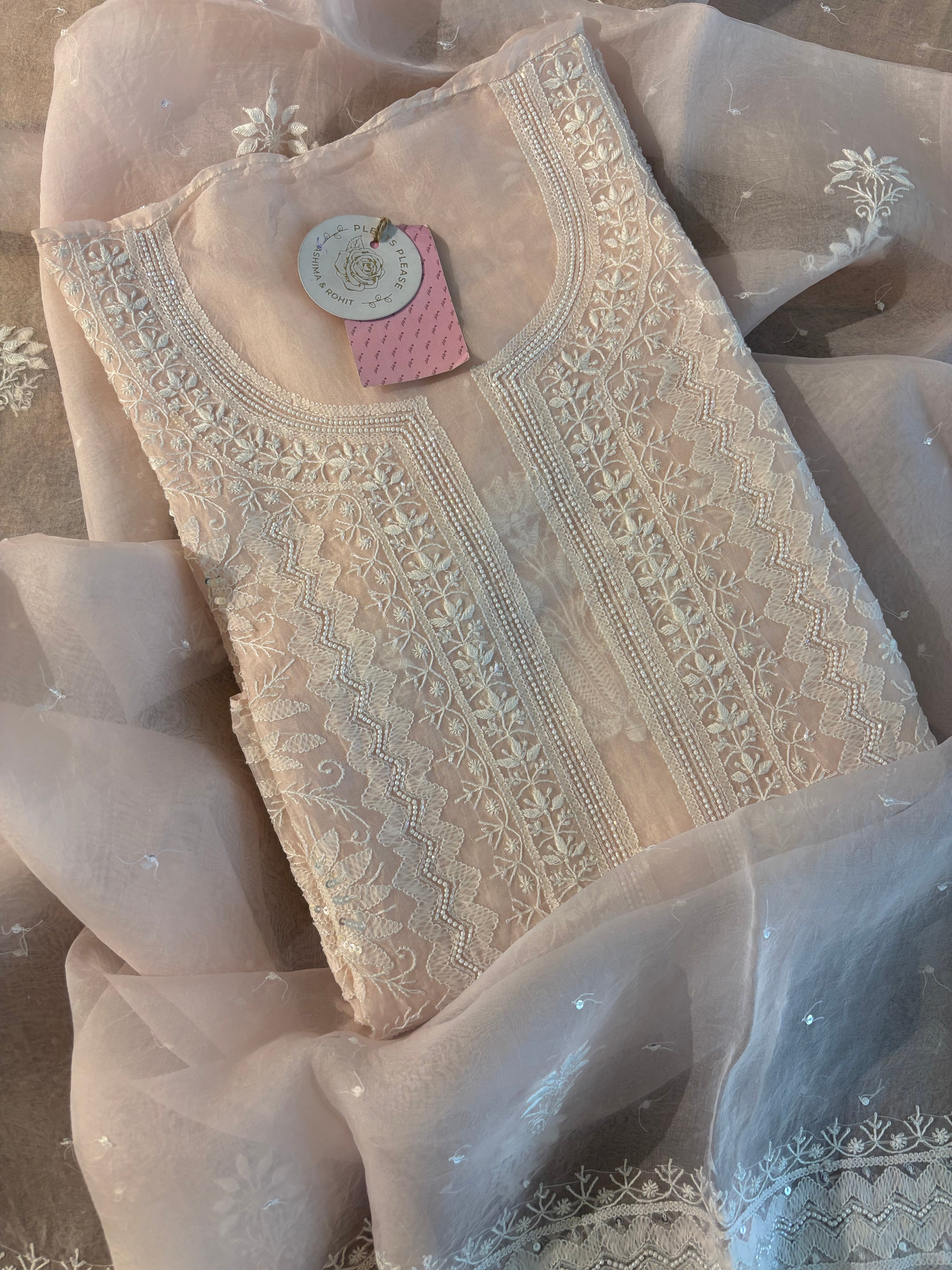 Baby pink Organza Silk Chikankari Kurta & Dupatta