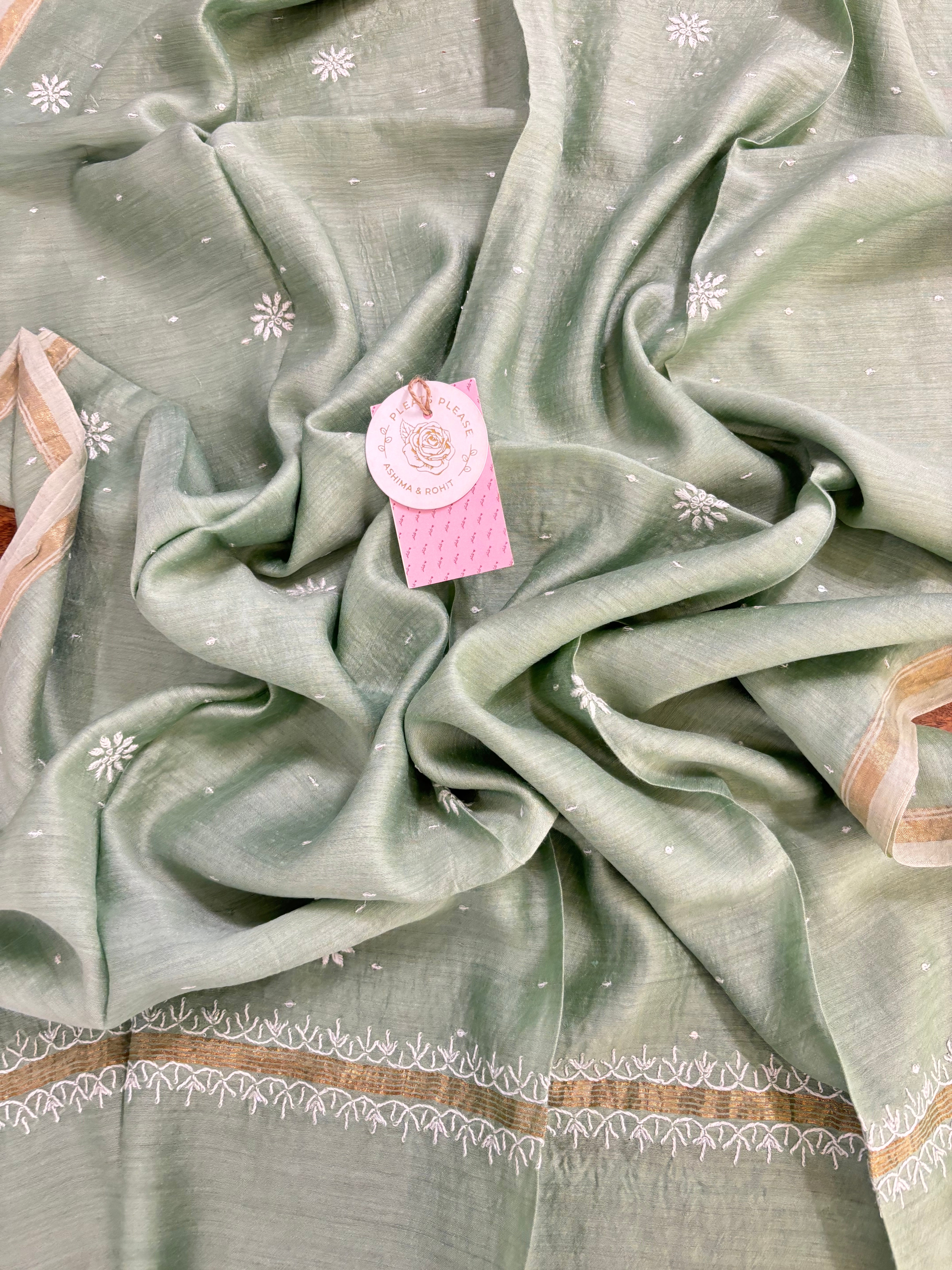 Sage Green Monga Silk Chikankari Kurta & Dupatta