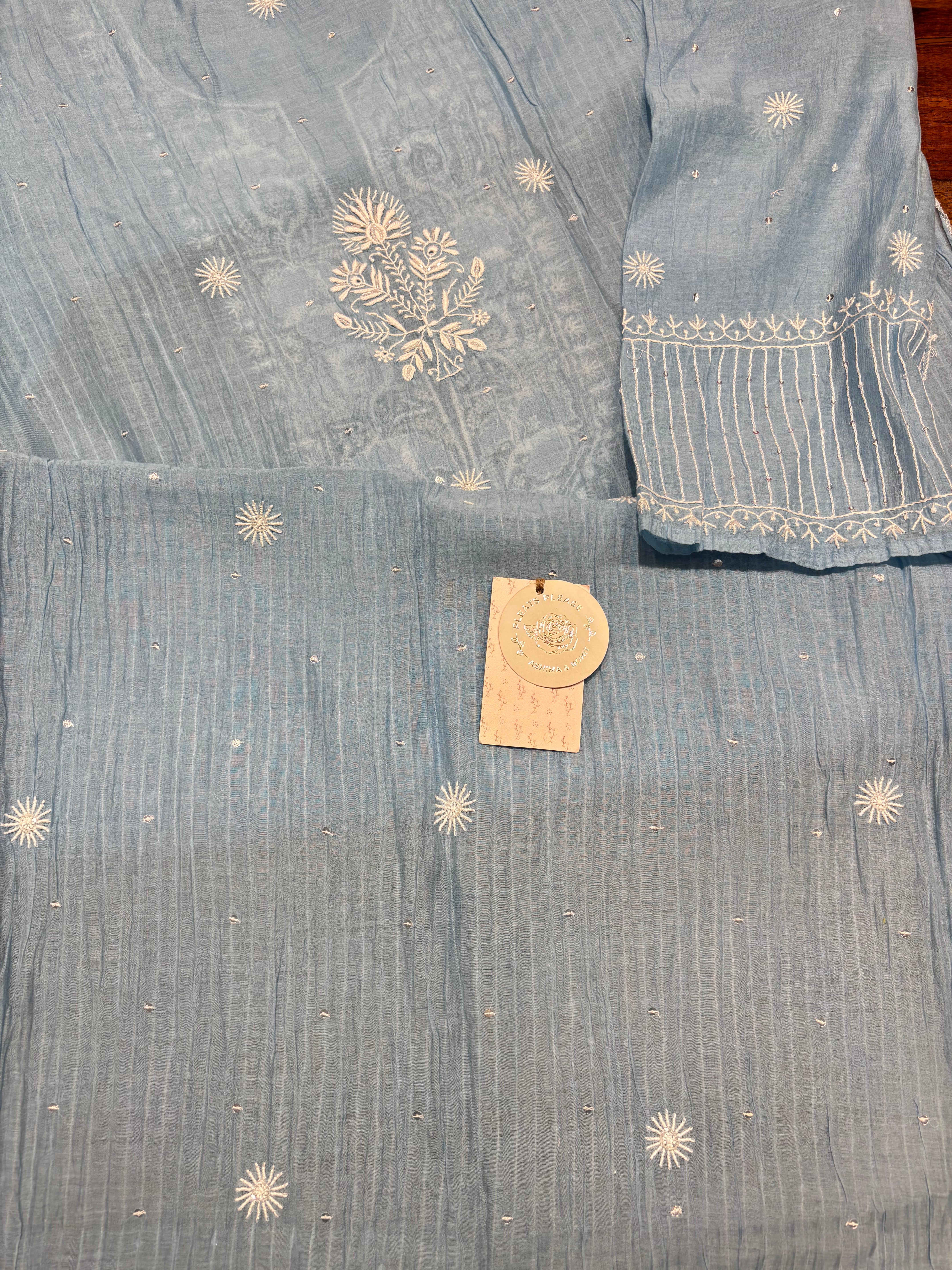 Powder Blue chanderi Mul Chikankari Kurta and Dupatta Set