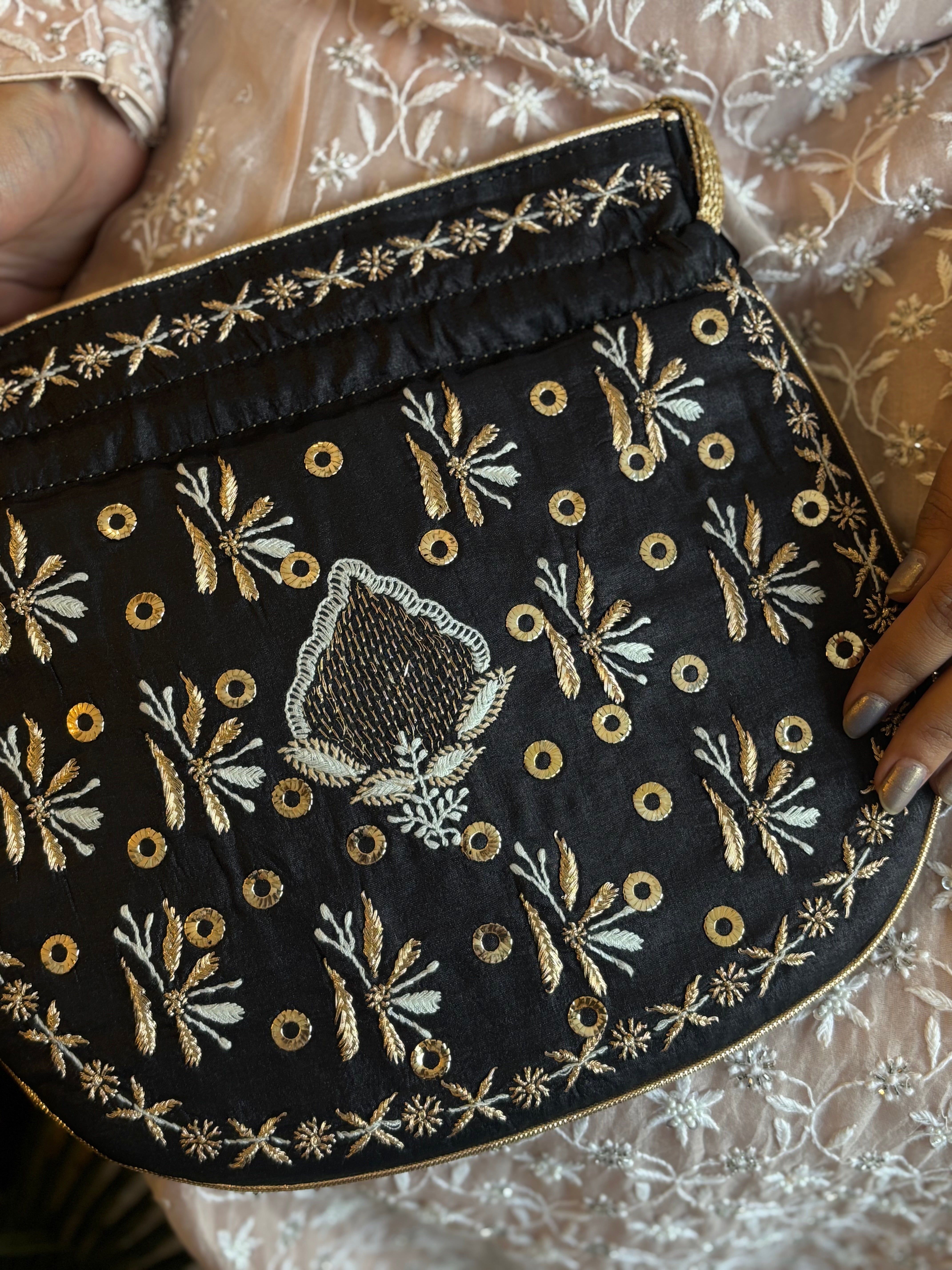 Black Chikankari & Mukaish Batua