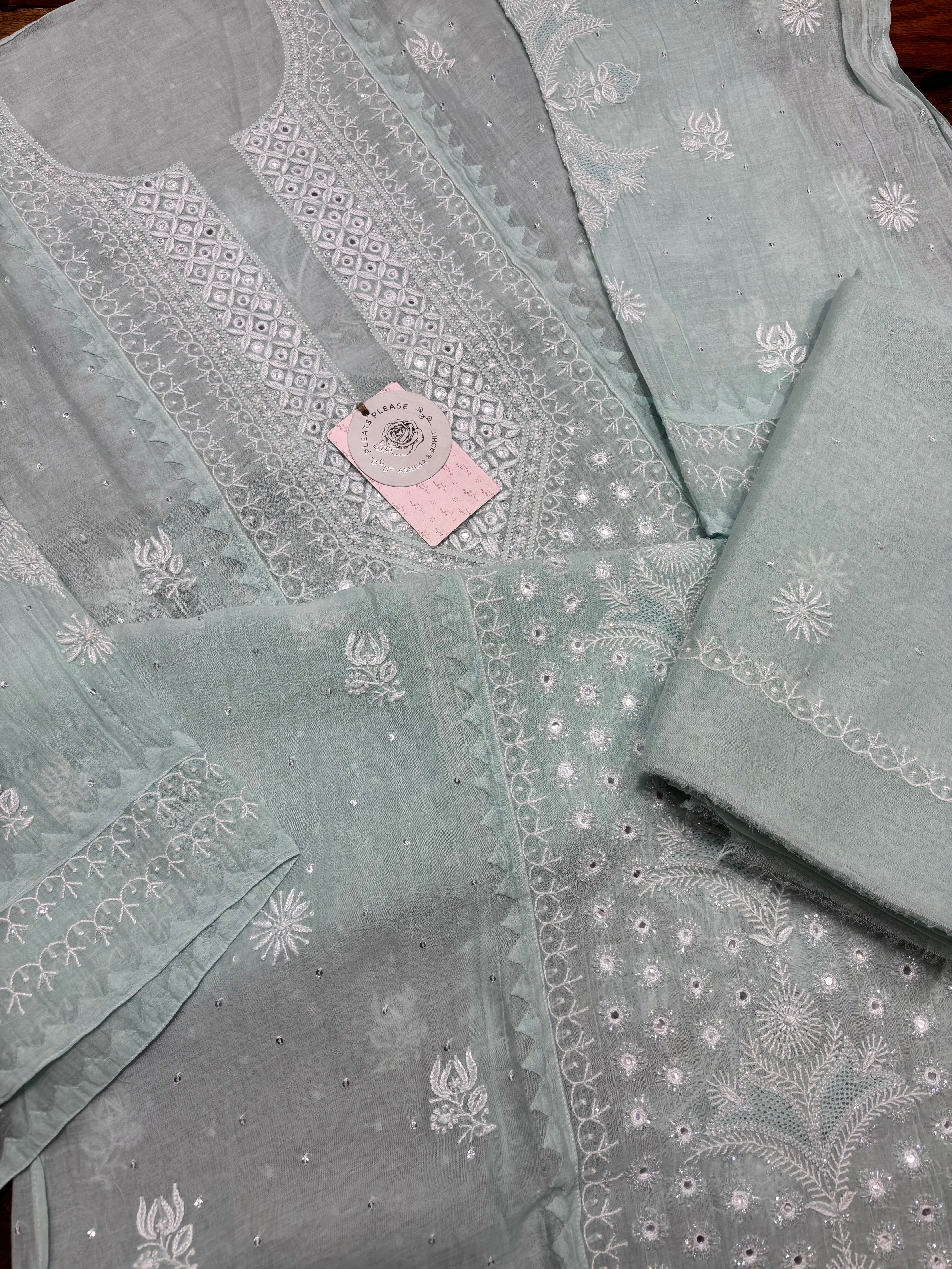 Mint Green Chanderi Mul Chikankari Kurta and Dupatta Set